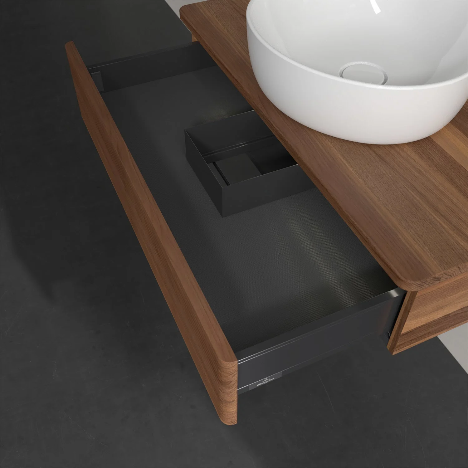 Umywalka z drewnianą powierzchnią i otwartą szufladą, Villeroy & Boch