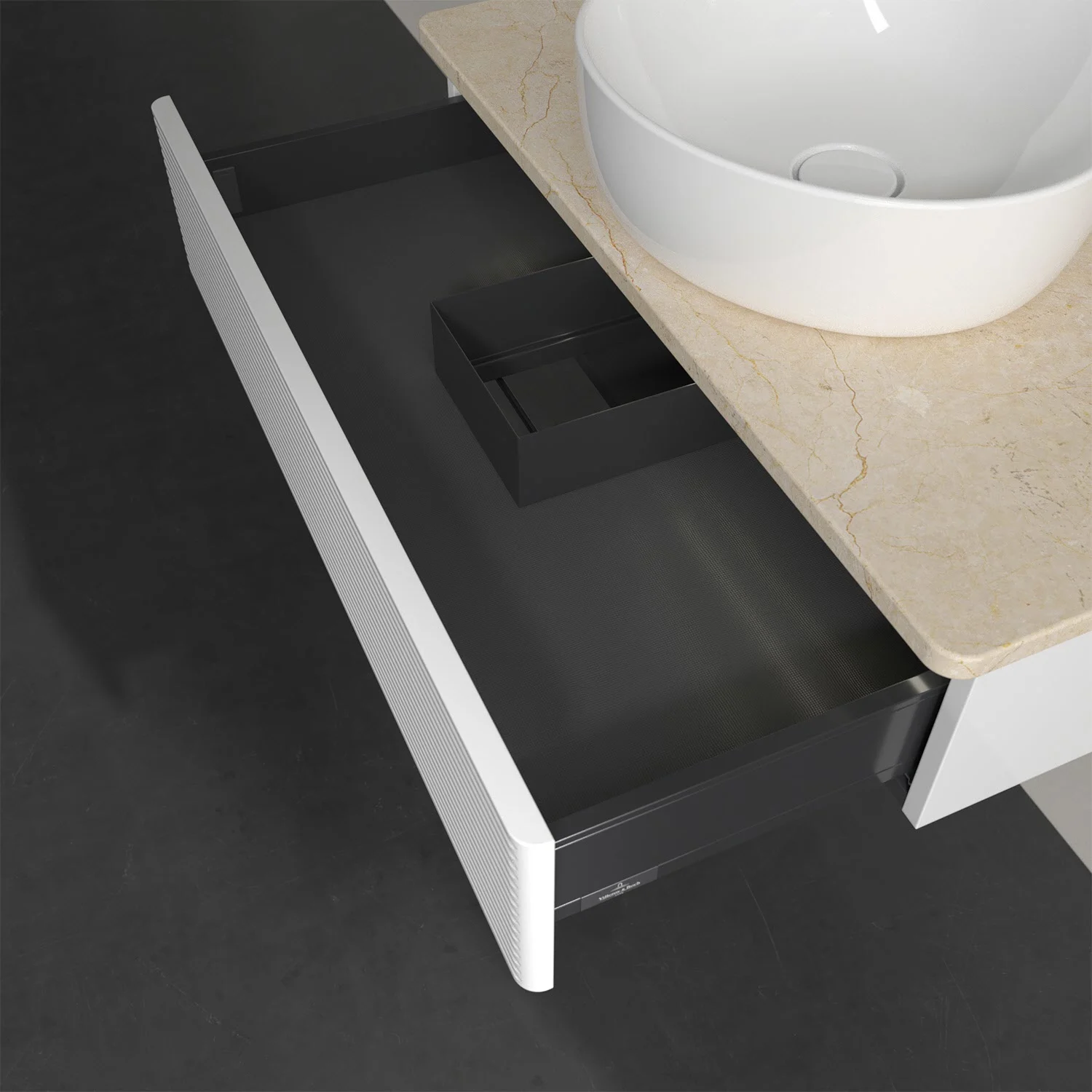 Biała szuflada z beżową umywalką z góry, Villeroy & Boch