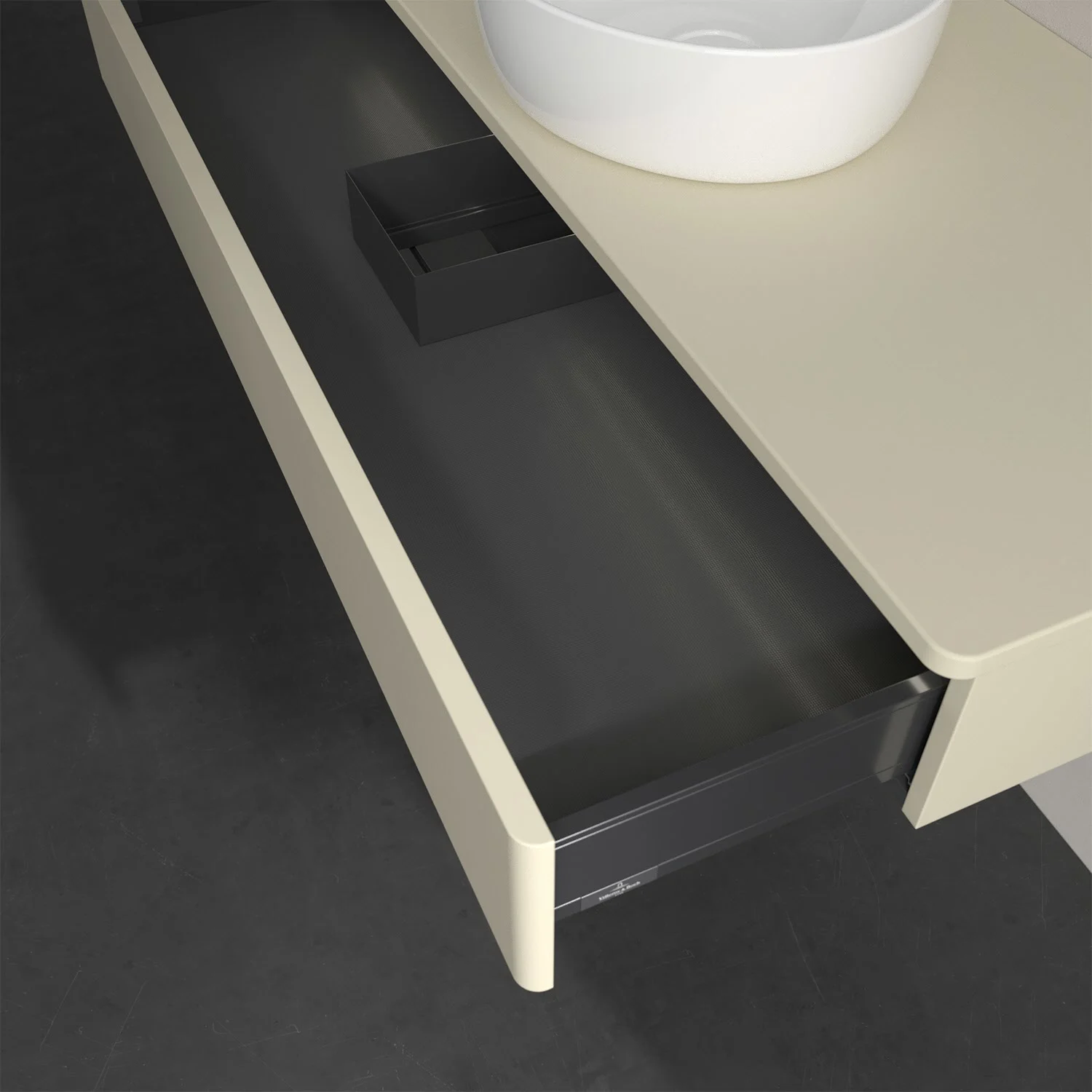 Otwarta szuflada pod umywalką w widoku z góry, Villeroy & Boch