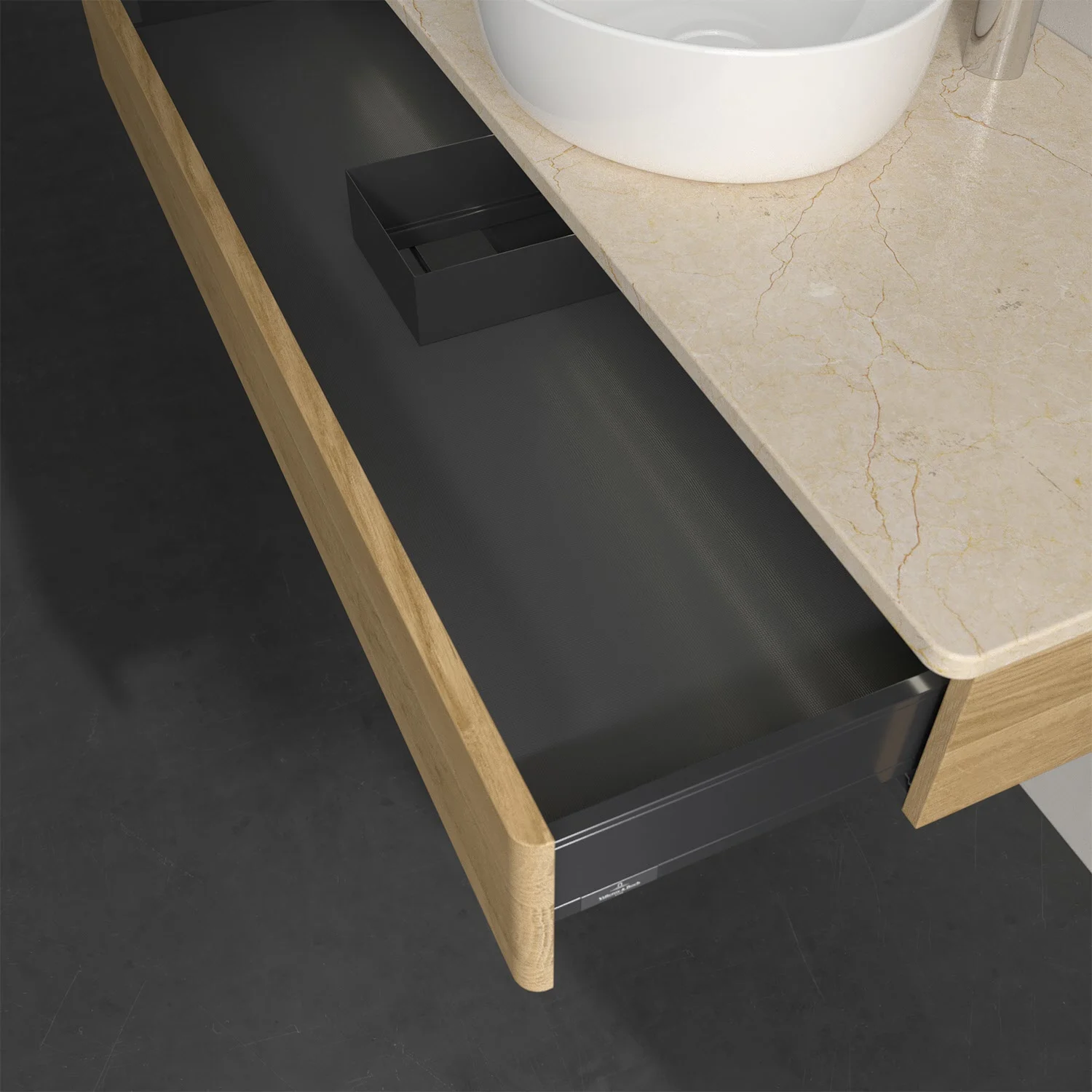 Otwarta szuflada pod beżową umywalką, Villeroy & Boch