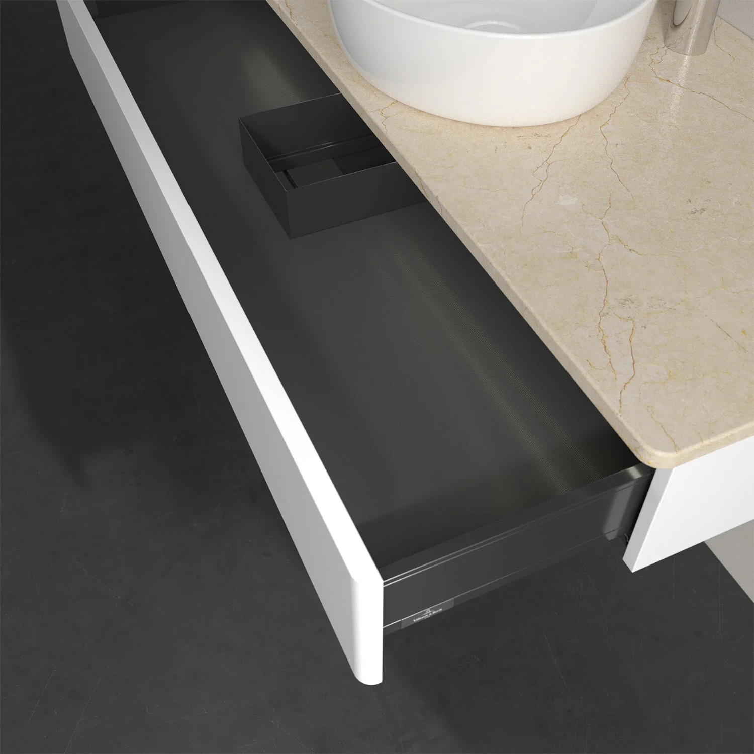 Otwarta szuflada pod beżową umywalką, Villeroy & Boch