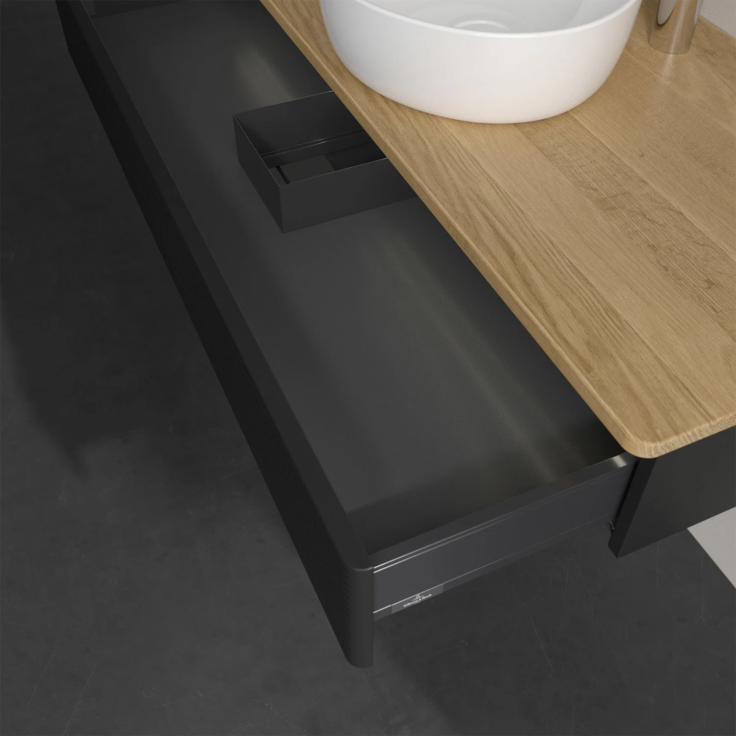 Otwarta szuflada z drewnianym blatem i umywalką, Villeroy & Boch