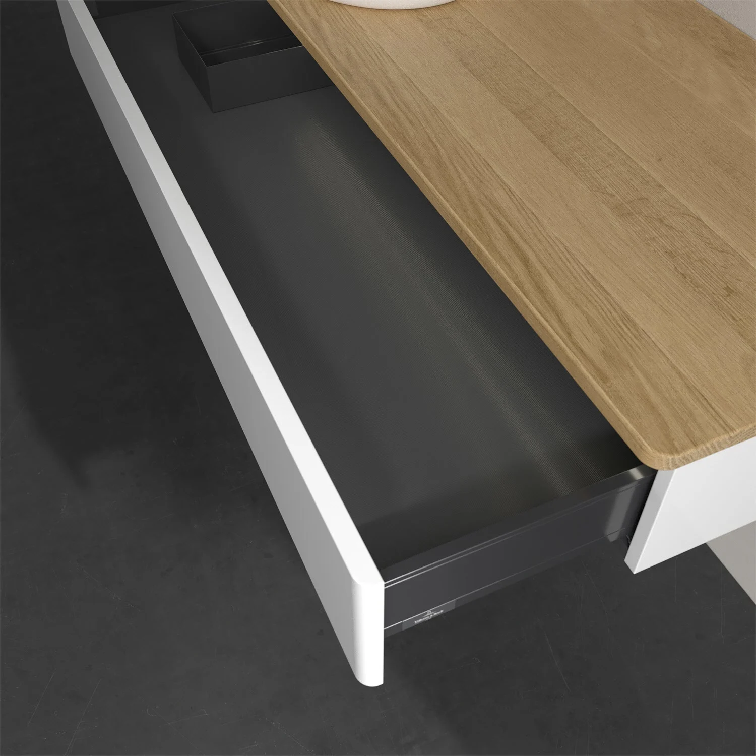 Otwarta szuflada pod drewnianym blatem w łazience, Villeroy & Boch