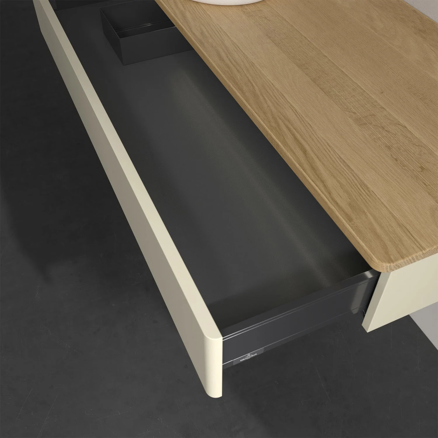 Otwarta szuflada pod drewnianą powierzchnią w łazience, Villeroy & Boch