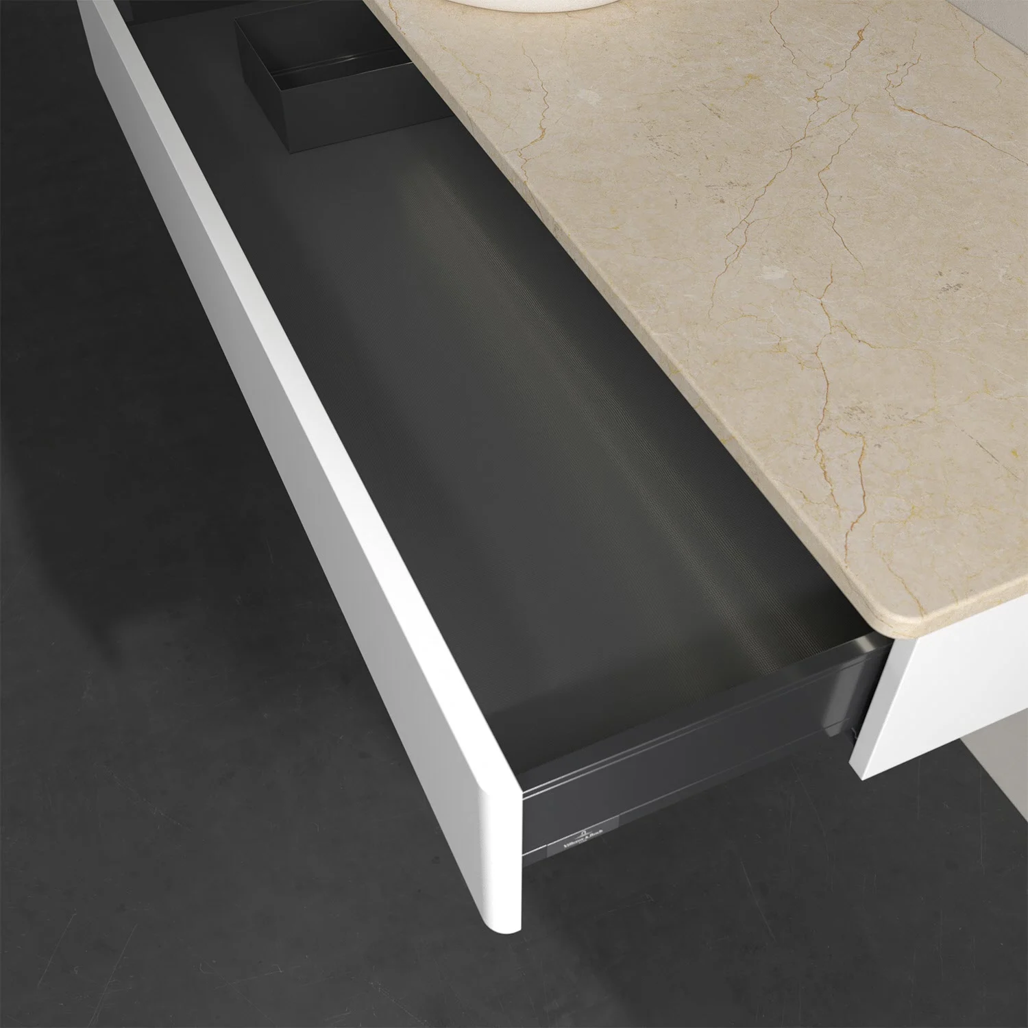 Otwarta szuflada pod marmurowym blatem w łazience, Villeroy & Boch