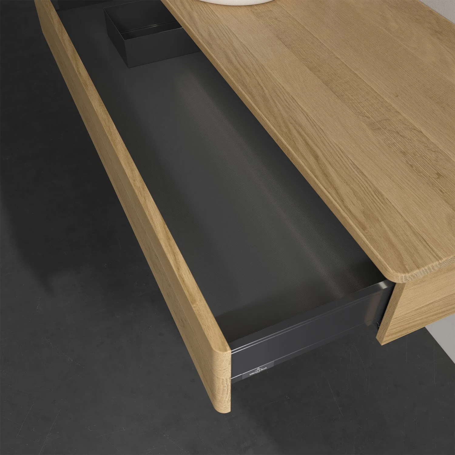 Zbliżenie otwartej szuflady z drewnianą powierzchnią, Villeroy & Boch