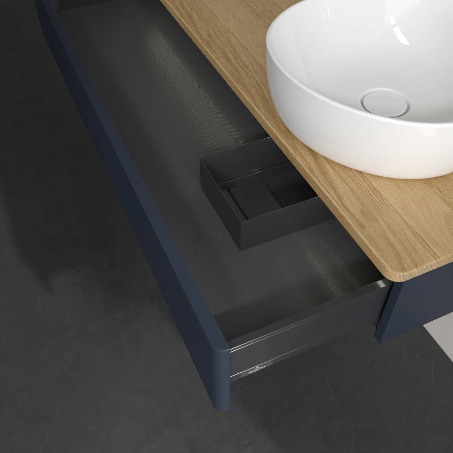 Zbliżenie umywalki z otwartą szufladą, Villeroy & Boch