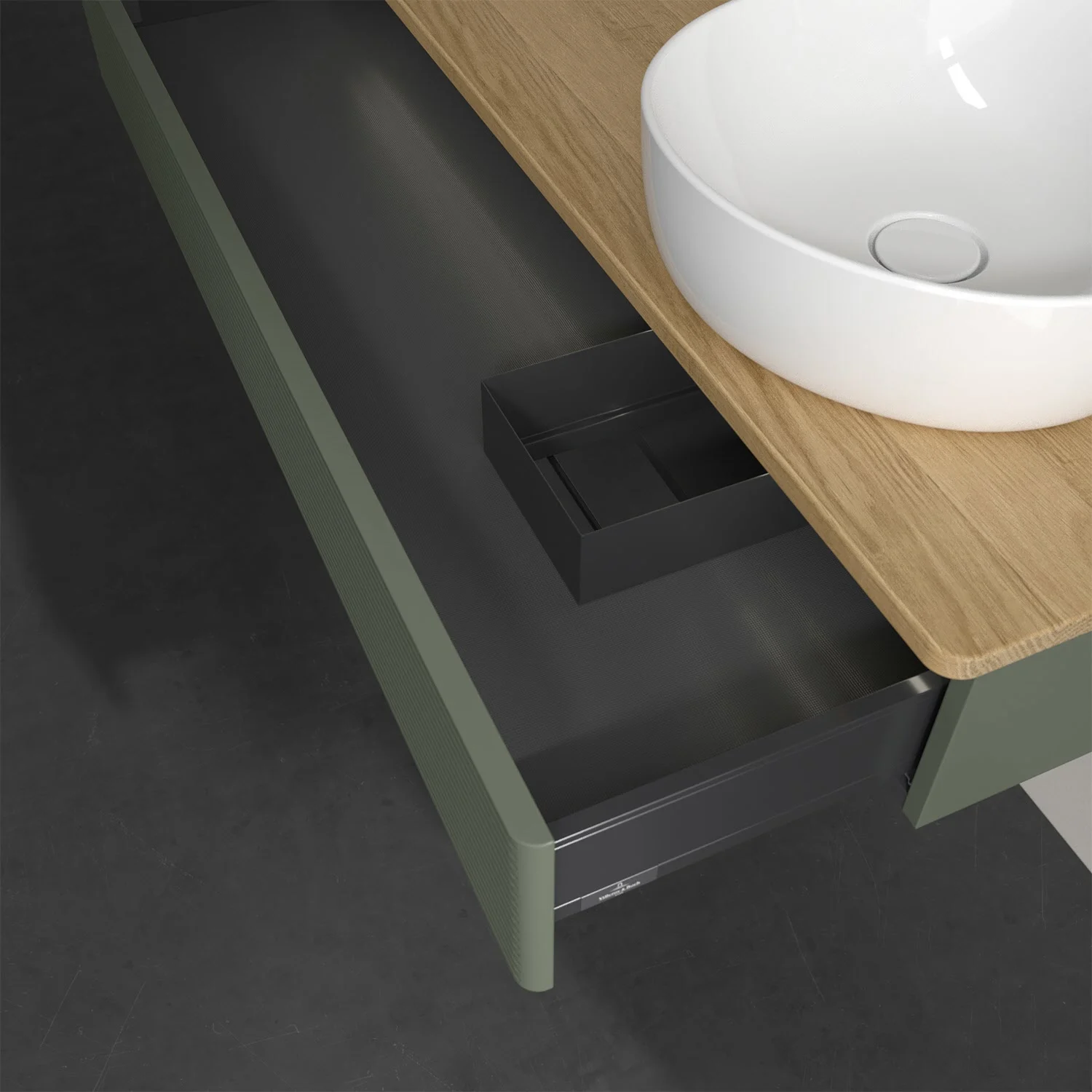 Drewniana umywalka z otwartą szufladą i białą misą, Villeroy & Boch