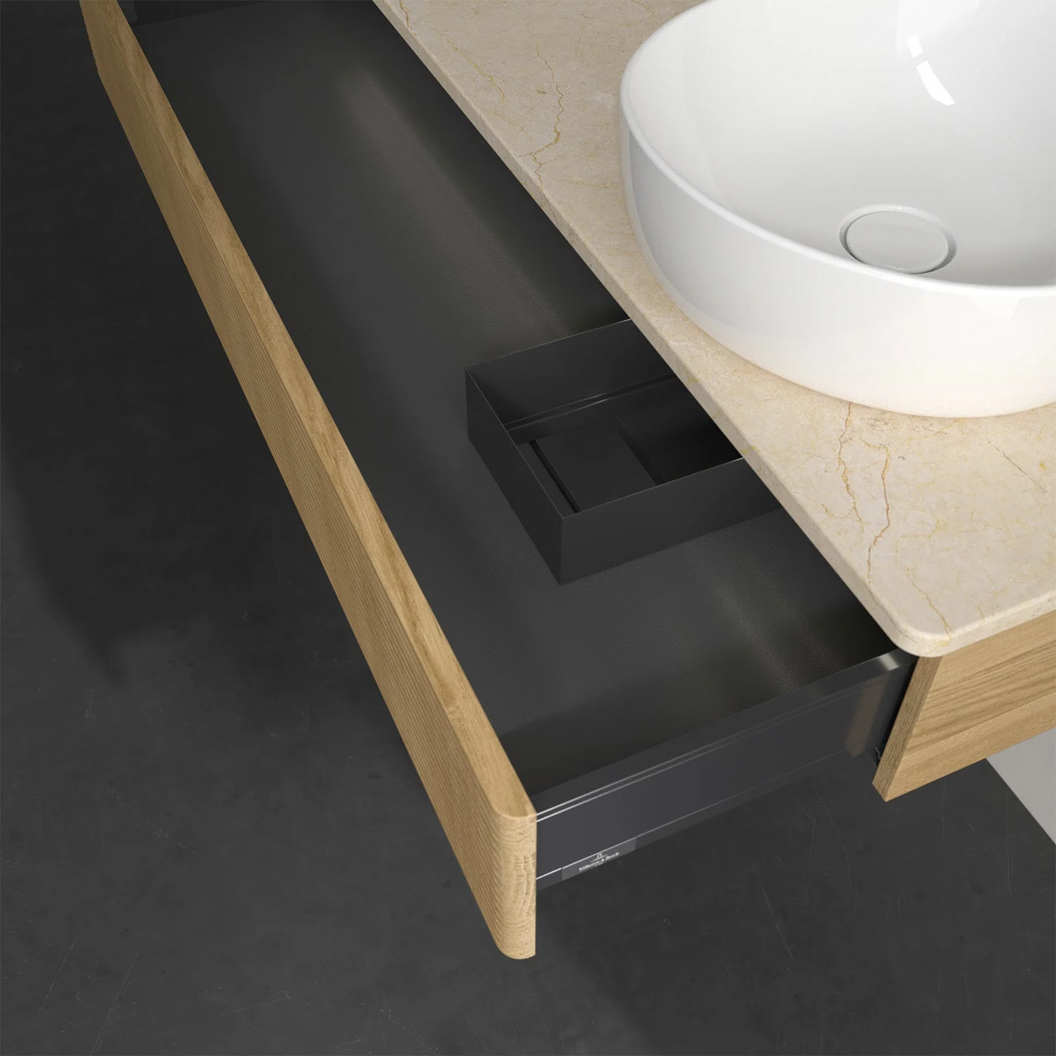 Otwarta szuflada pod umywalką z drewnianym frontem, Villeroy & Boch