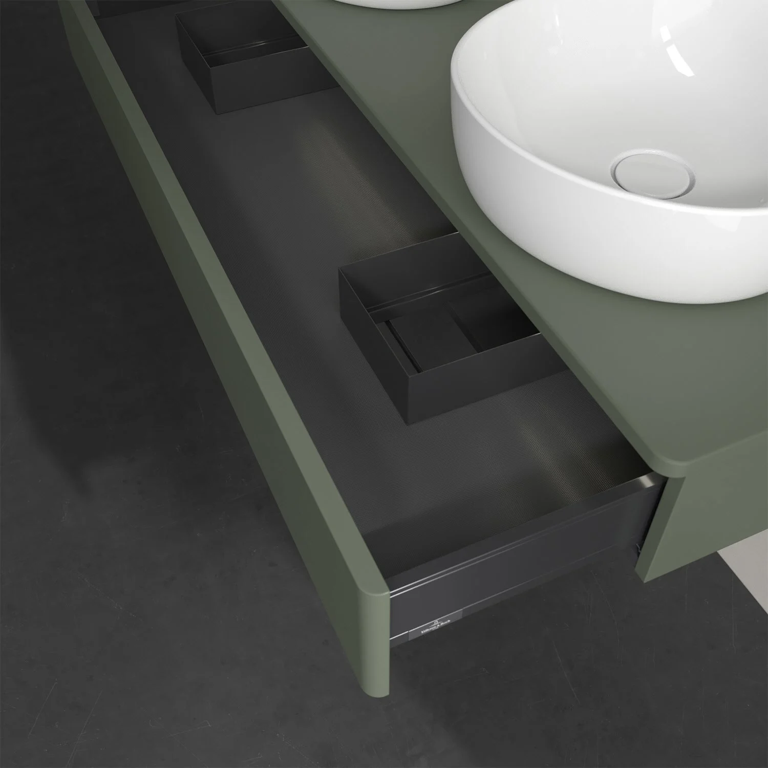 Zielona szafka pod umywalkę z otwartą szufladą, Villeroy & Boch