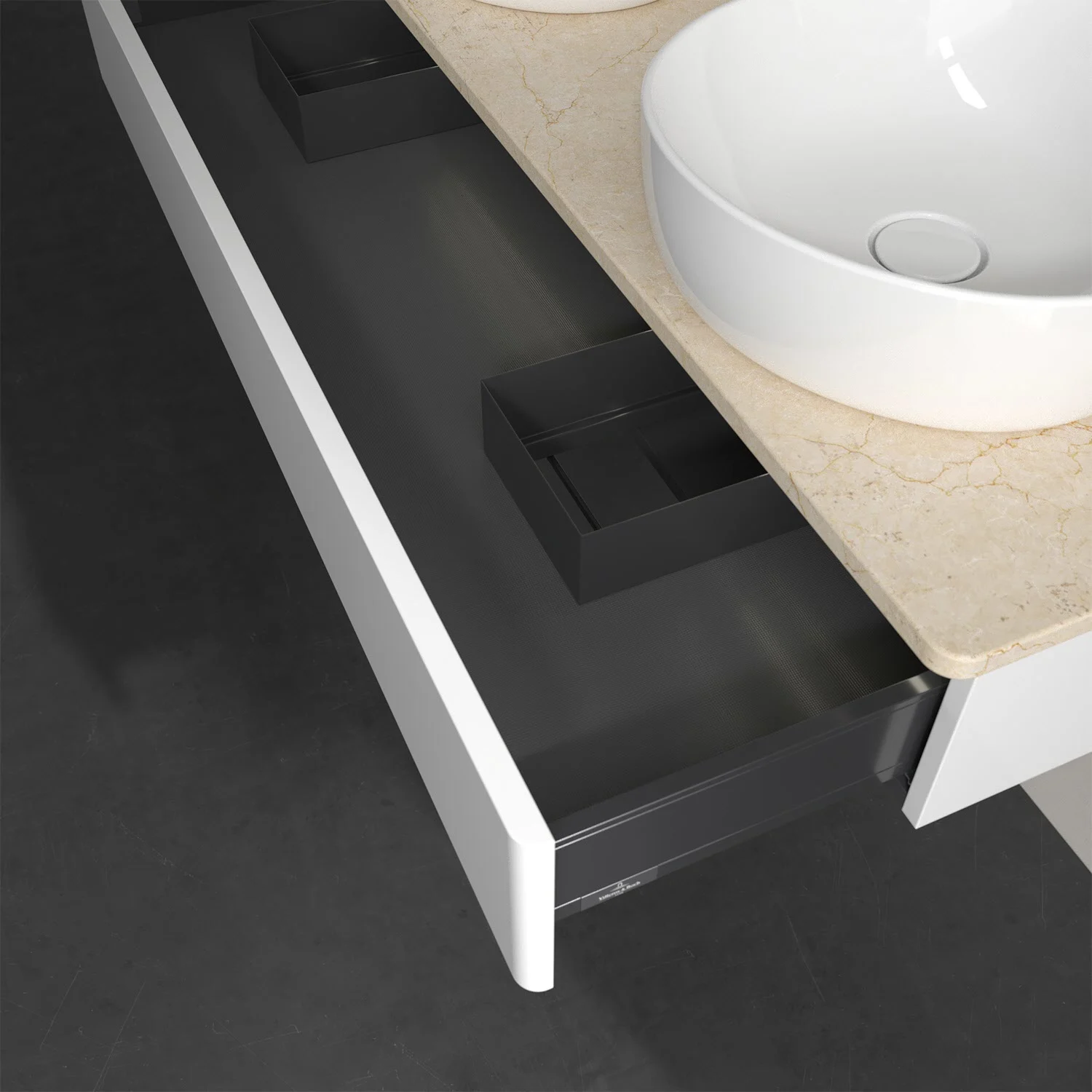 Zbliżenie umywalki z białą szufladą, Villeroy & Boch