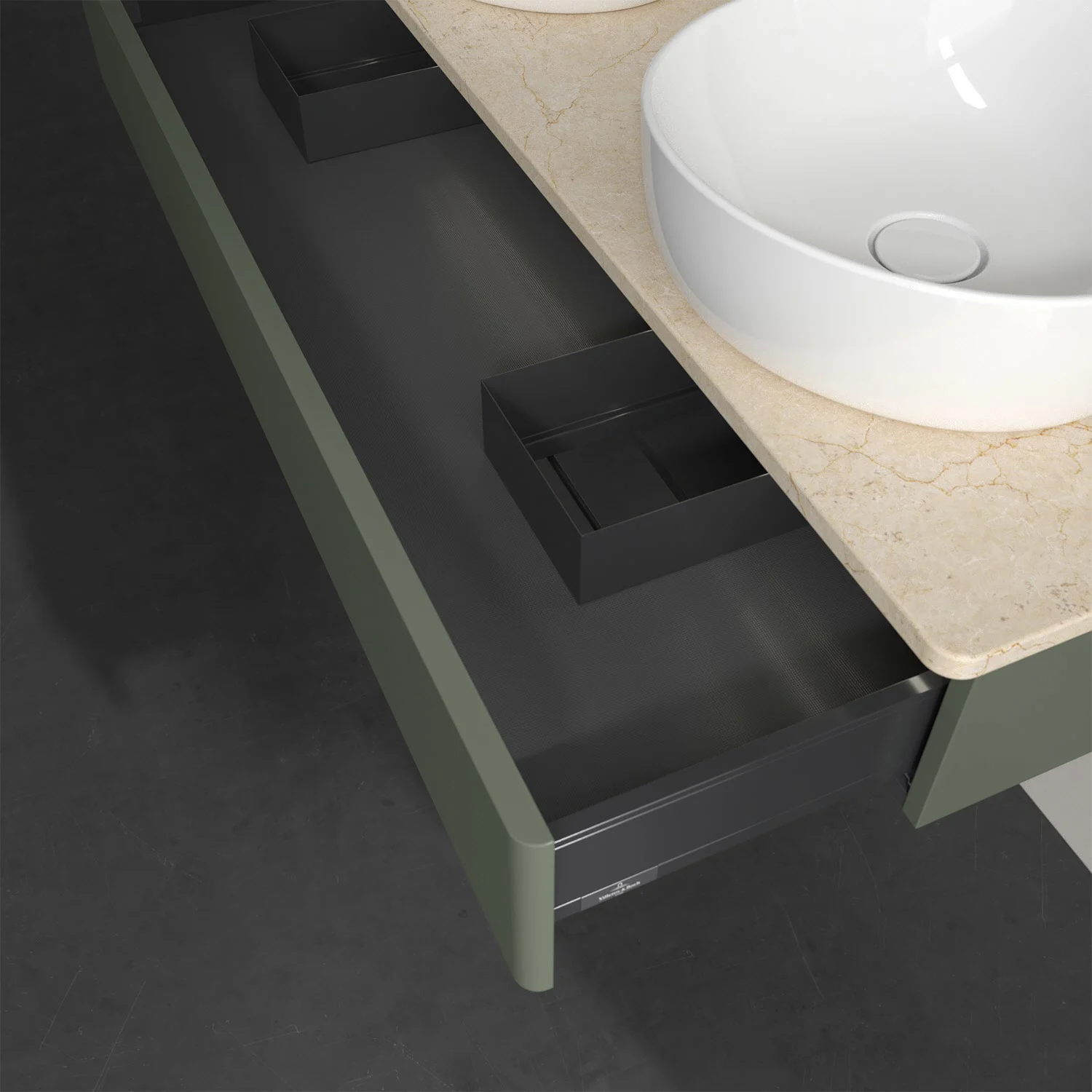 Otwarta szuflada pod umywalką, widok z góry, Villeroy & Boch