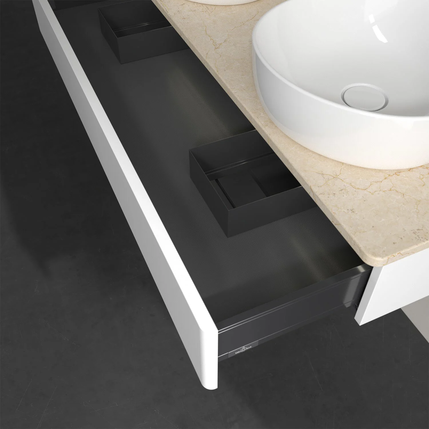 Otwarta szuflada z białą umywalką widok z góry, Villeroy & Boch