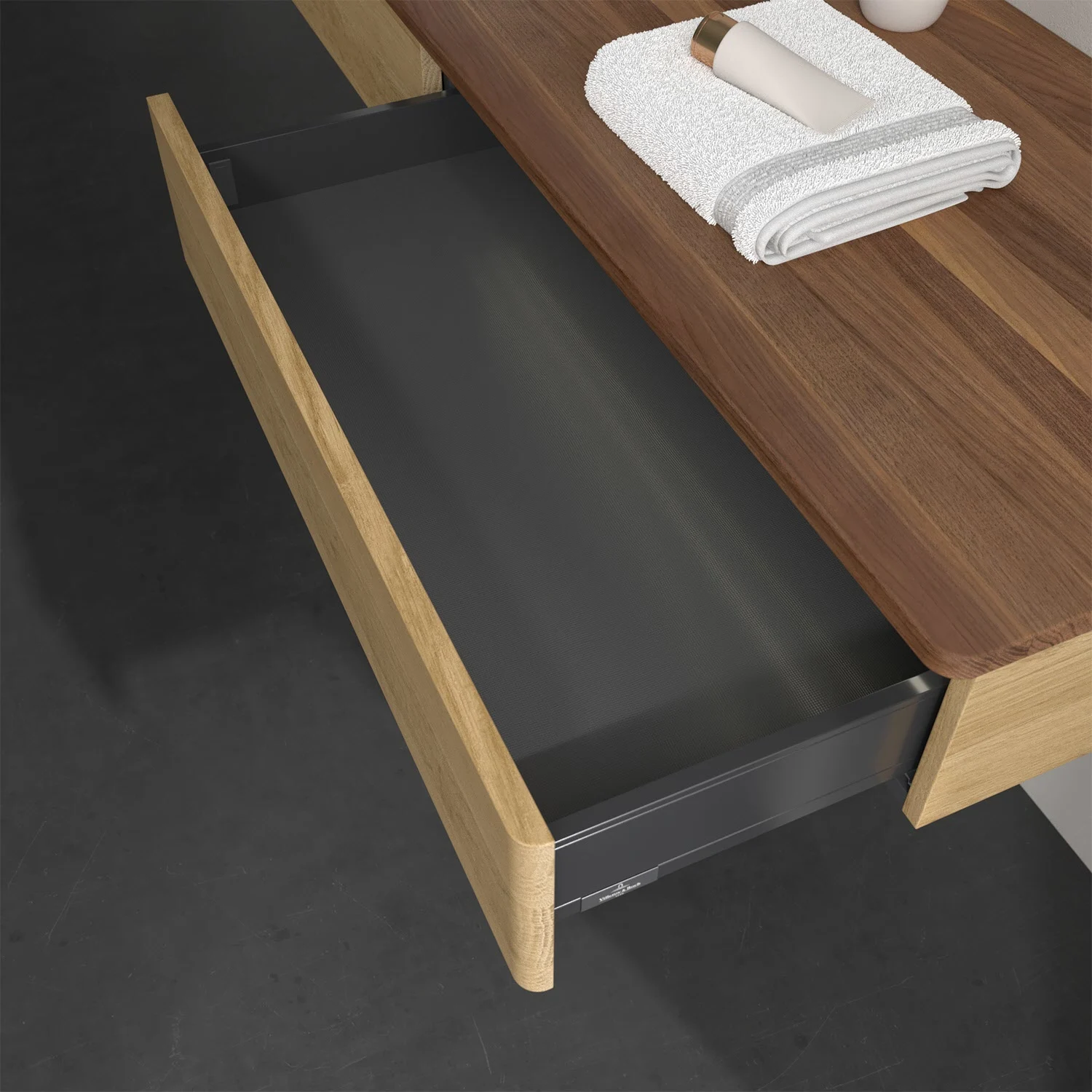 Zbliżenie otwartej drewnianej szuflady w łazience, Villeroy & Boch