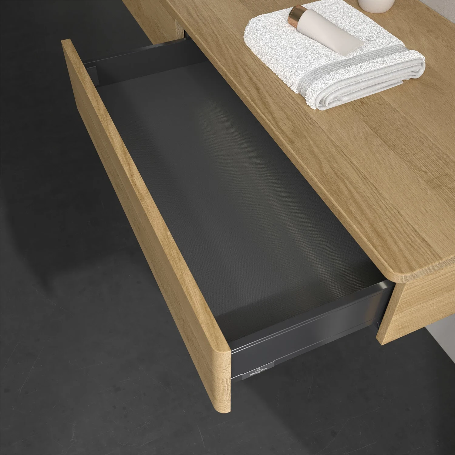 Zbliżenie otwartej szafki z szufladami w łazience, Villeroy & Boch