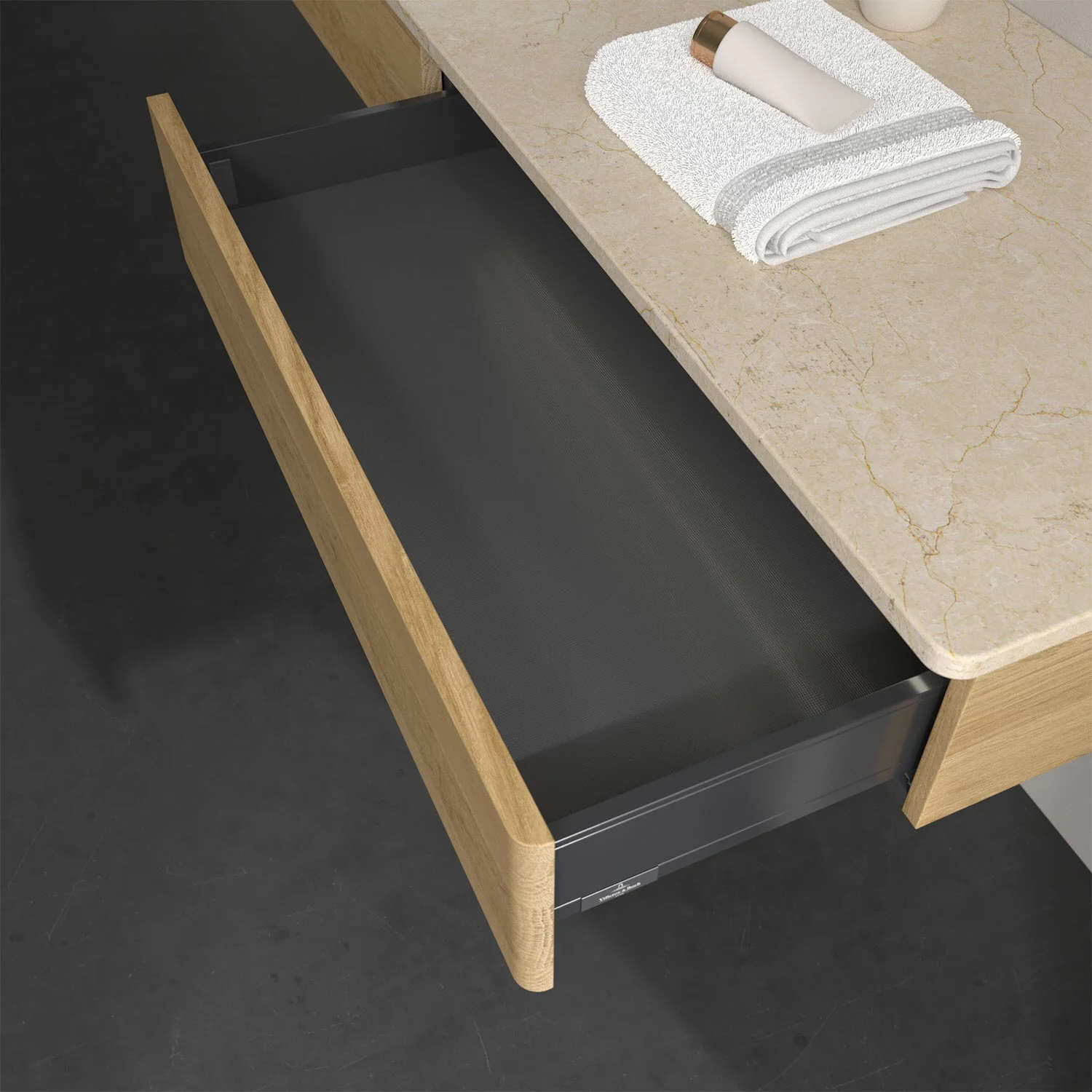 Zbliżenie otwartej drewnianej szuflady w łazience, Villeroy & Boch