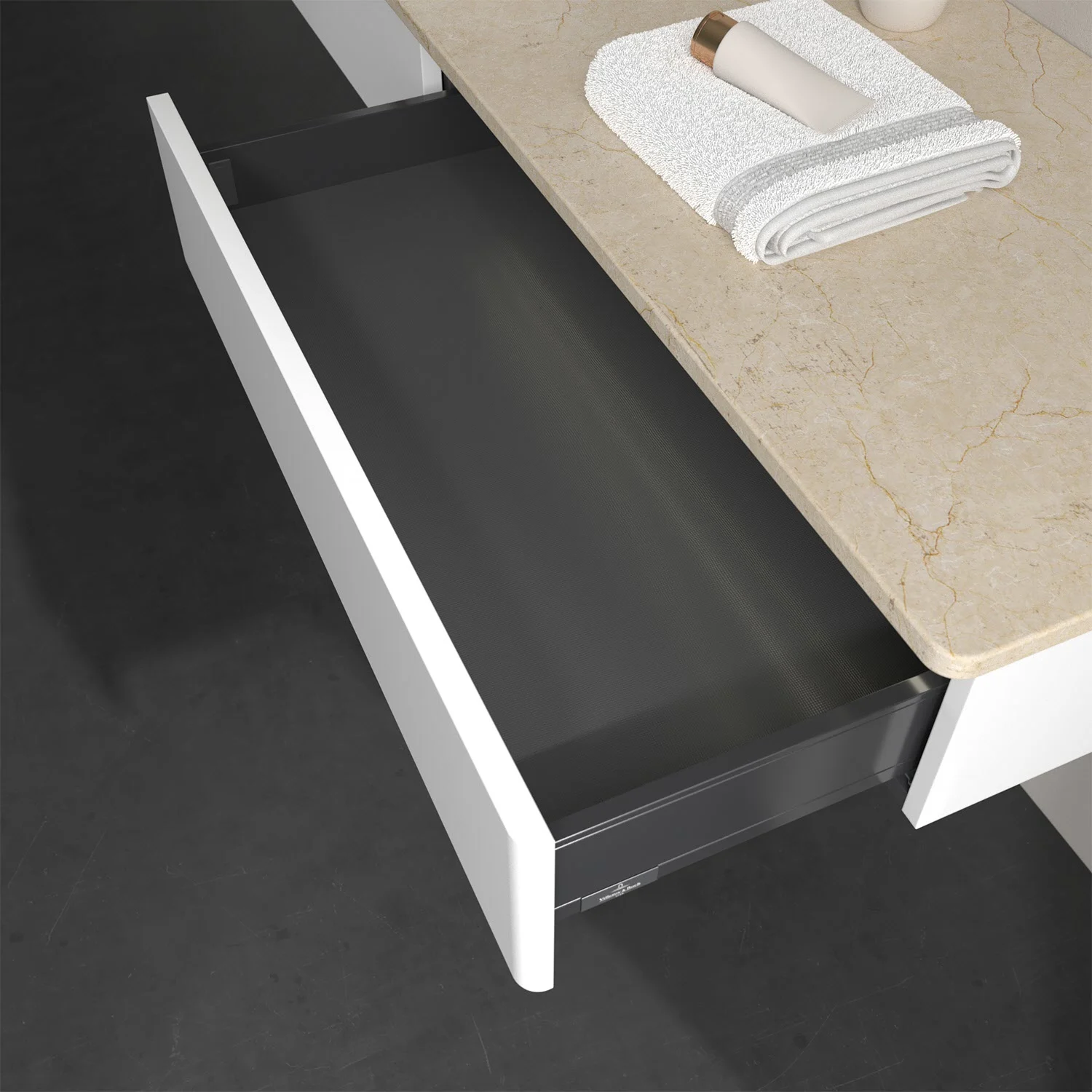 Zbliżenie otwartej białej szuflady w łazience, Villeroy & Boch