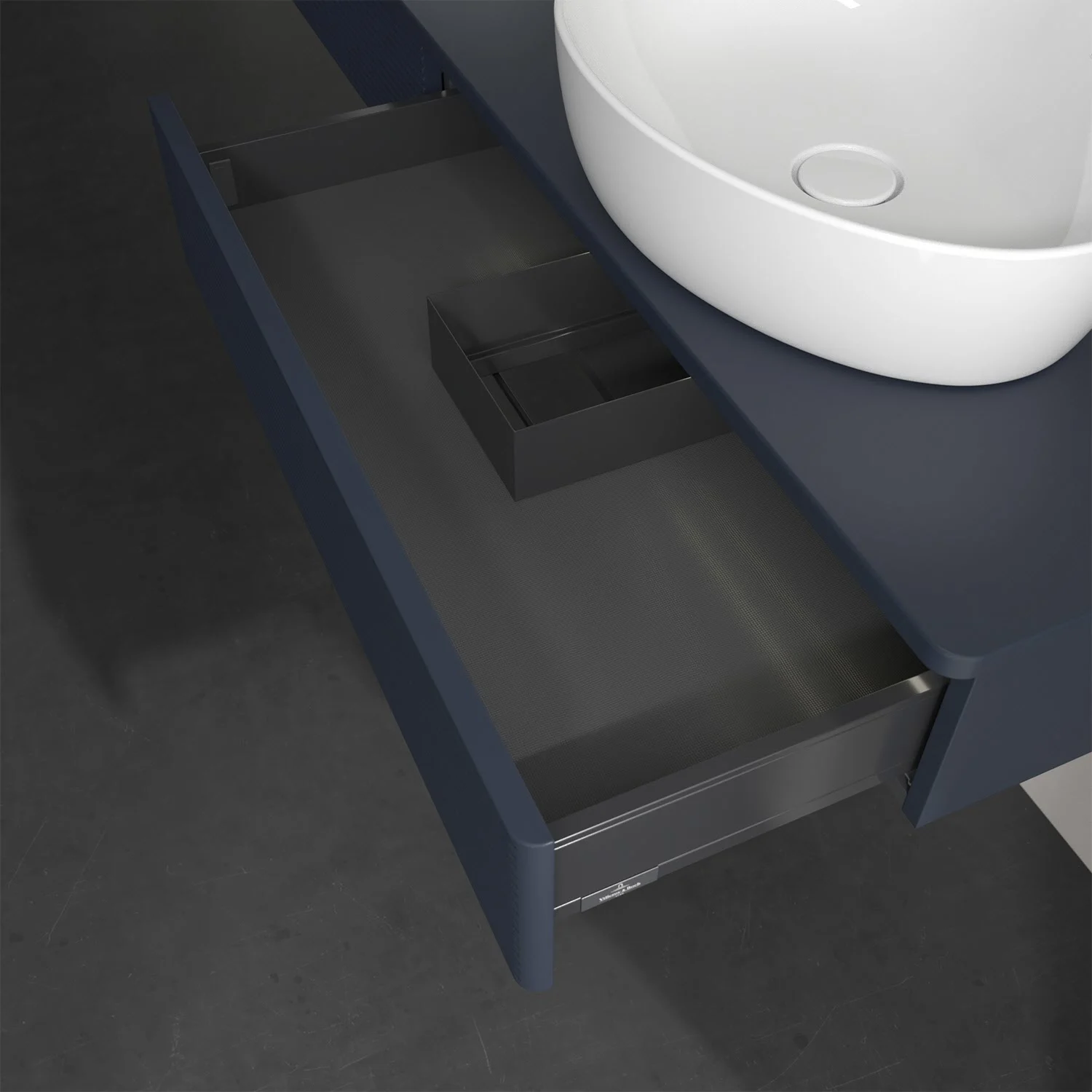 Niebieska umywalka z otwartą szufladą, Villeroy & Boch