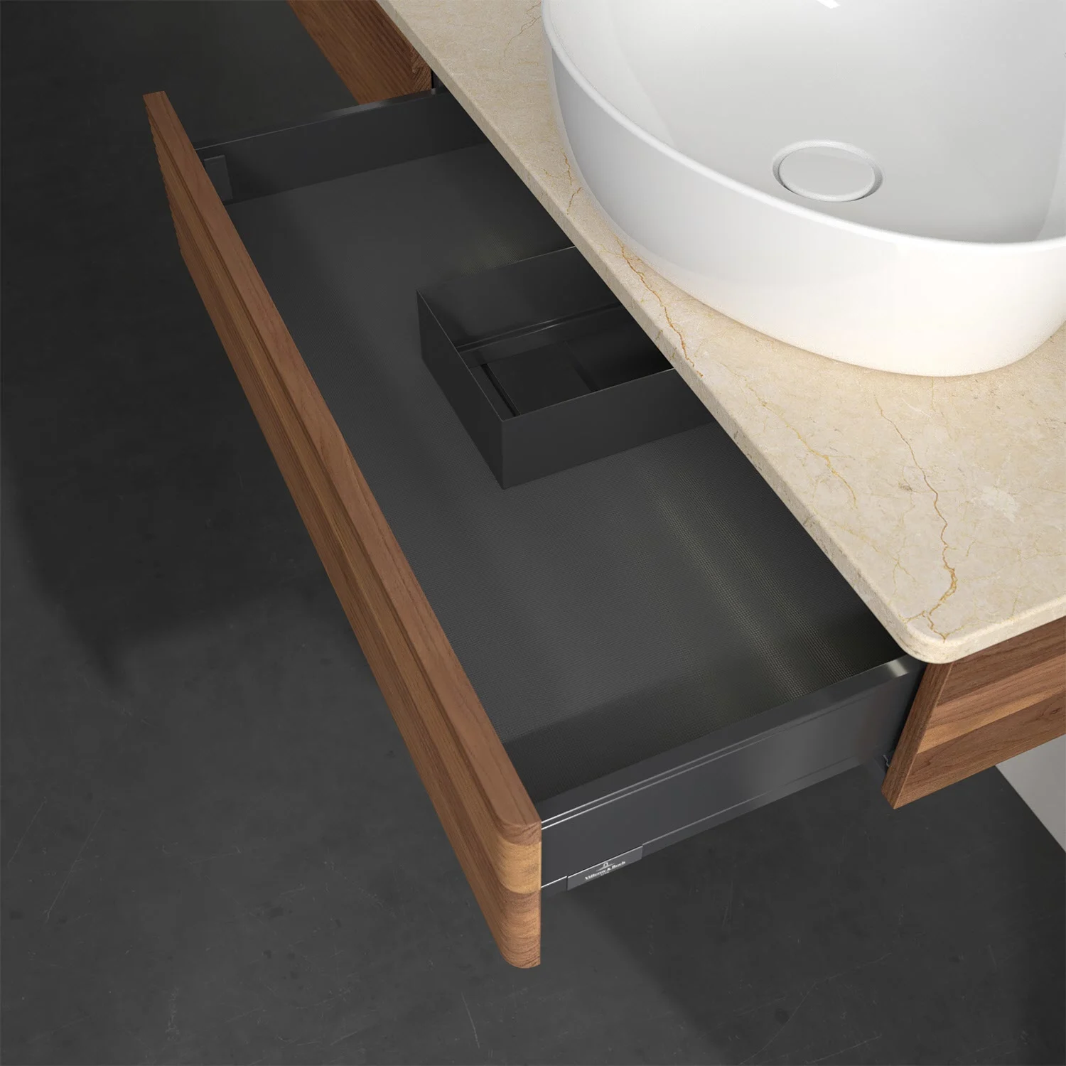 Zbliżenie na ciemną drewnianą szafkę z szufladą, Villeroy & Boch