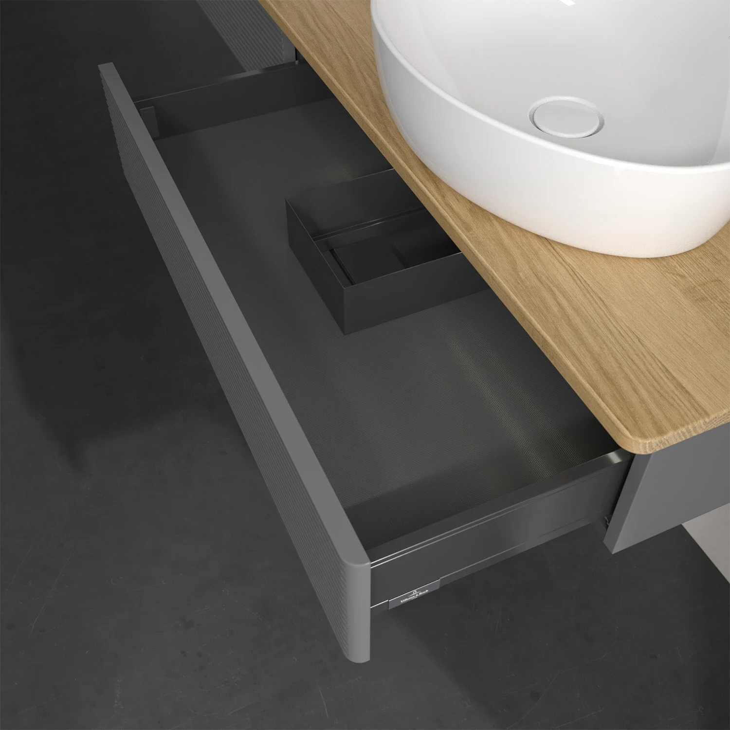 Zbliżenie na szarą szafkę z szufladą, Villeroy & Boch