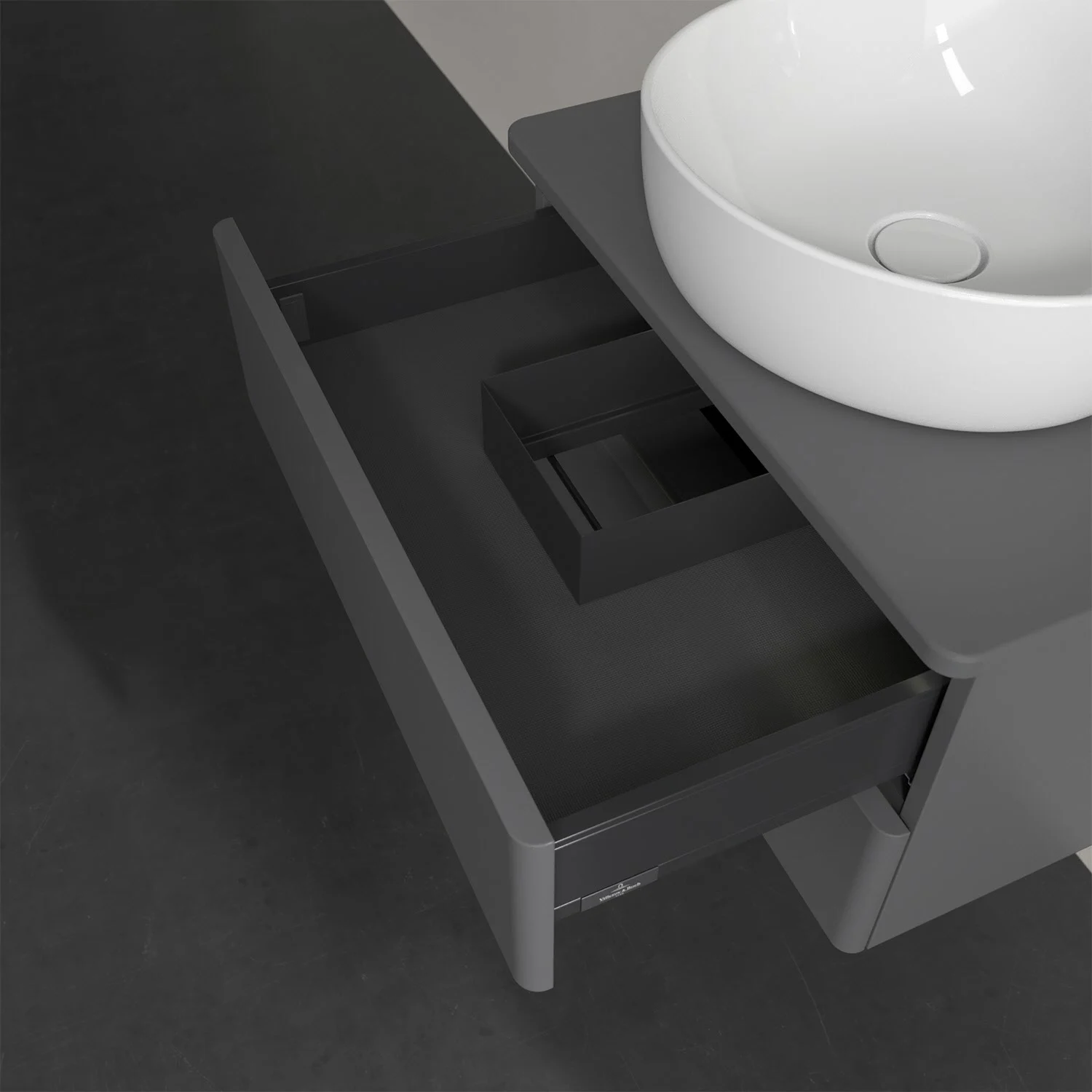 Szara umywalka z otwartą szufladą z góry, Villeroy & Boch