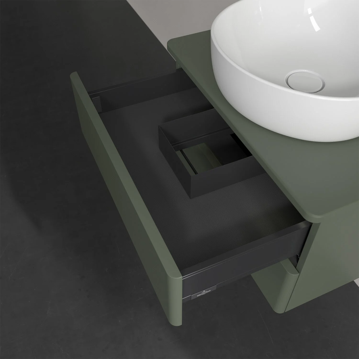Zielona umywalka z otwartą szufladą z góry, Villeroy & Boch