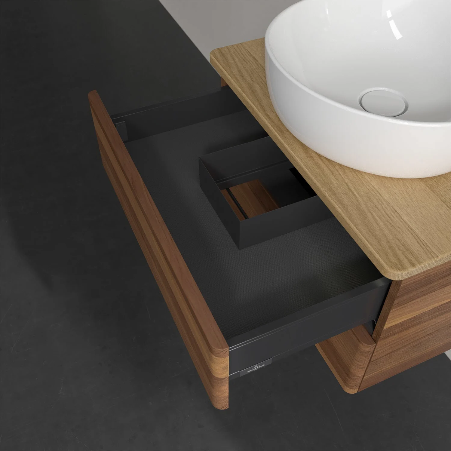 Umywalka z drewnianą powierzchnią i szufladą widok z boku, Villeroy & Boch