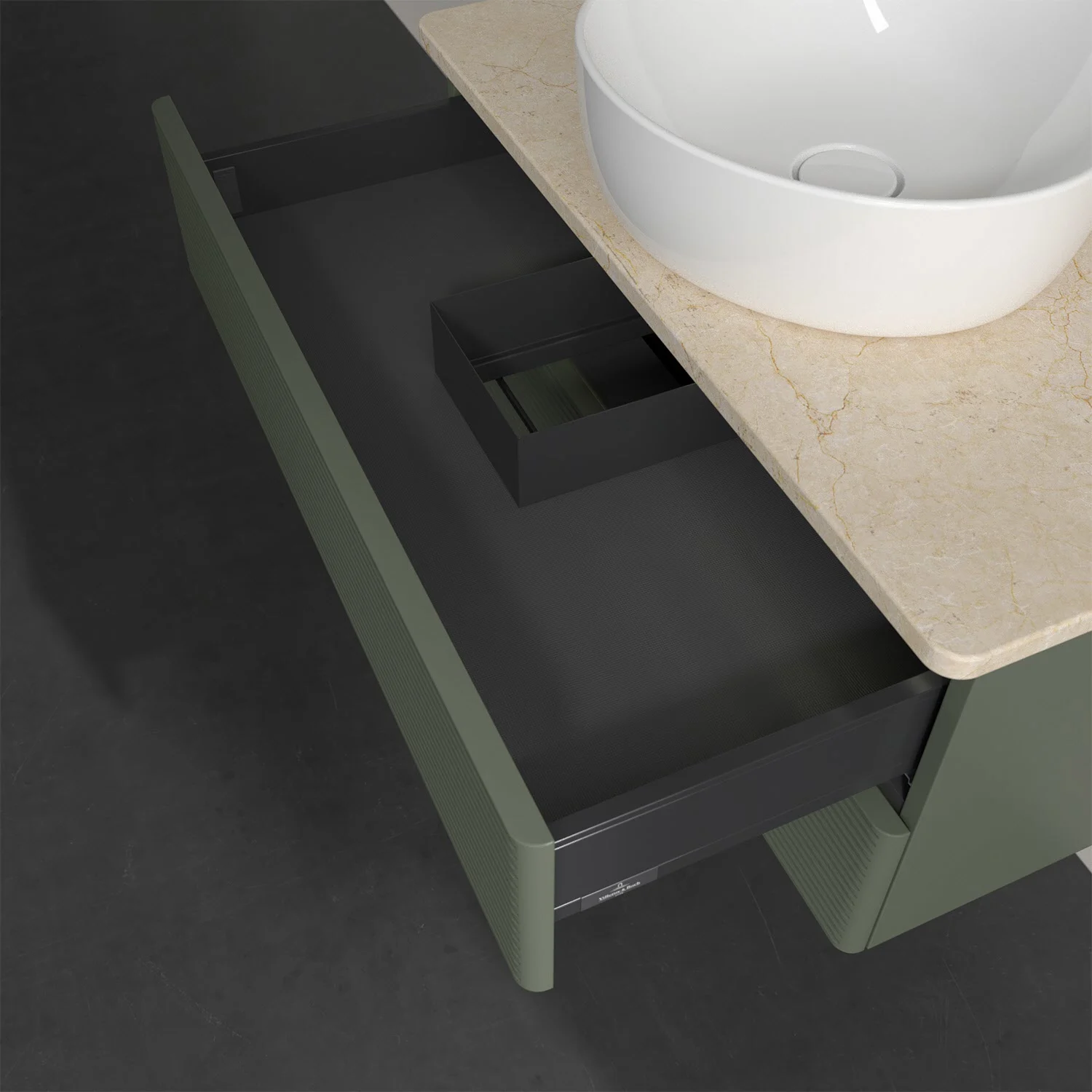 Zielone meble łazienkowe z otwartą szufladą z góry, Villeroy & Boch