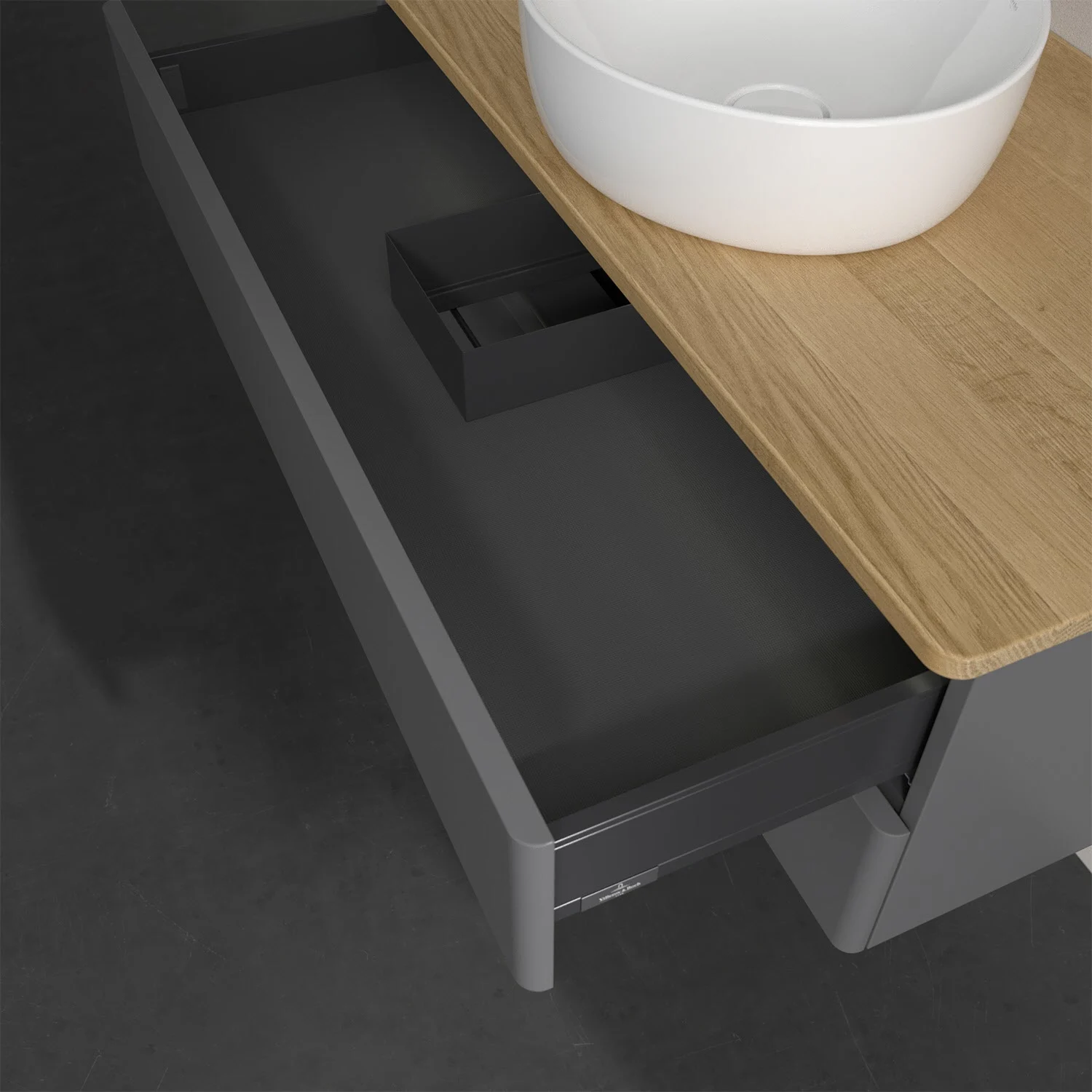 Umywalka z drewnianą powierzchnią i otwartą szufladą, Villeroy & Boch