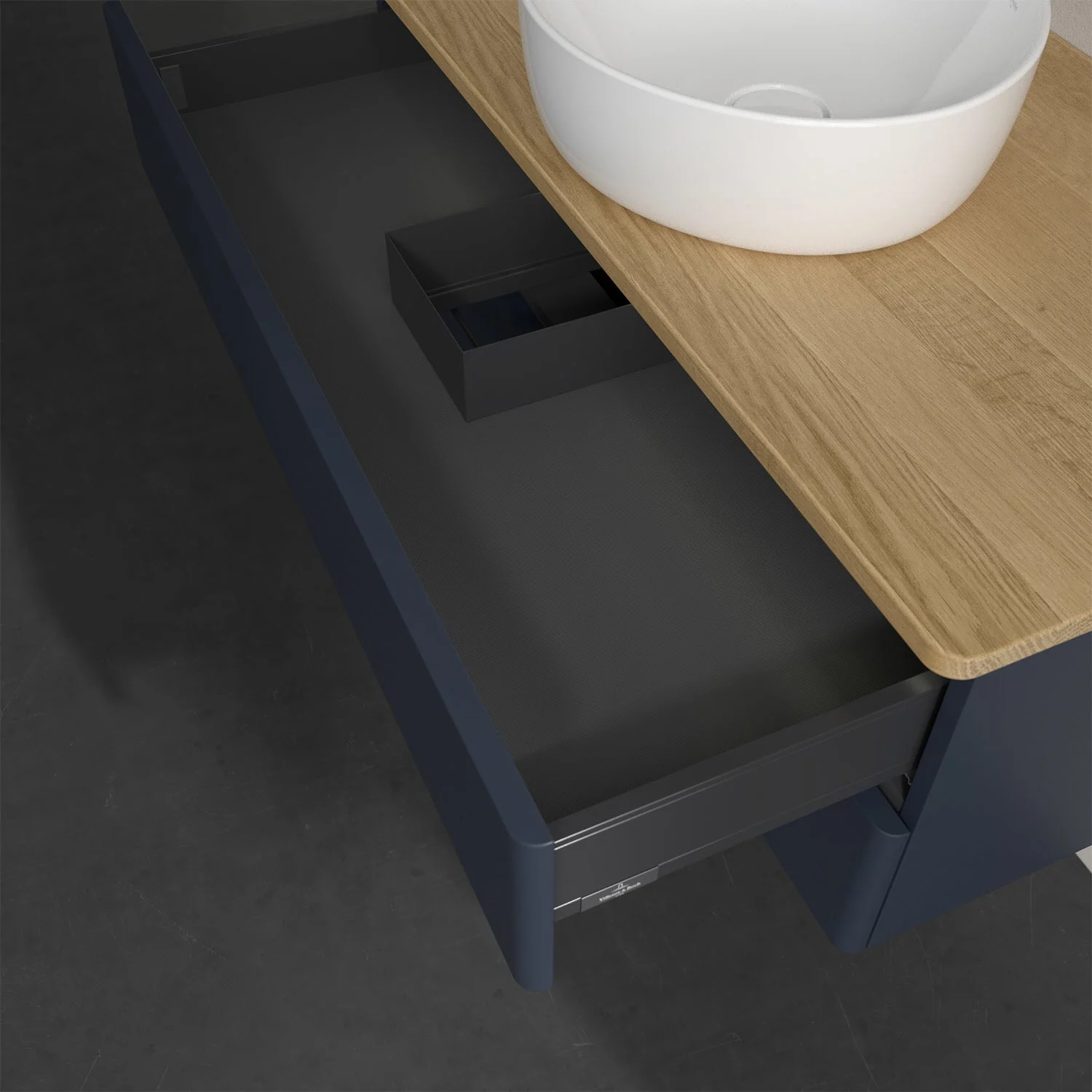 Umywalka z drewnianą powierzchnią i otwartą szufladą, Villeroy & Boch