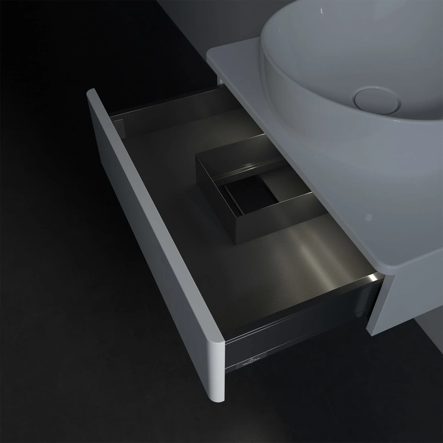 Zbliżenie otwartej szuflady w łazience, Villeroy & Boch