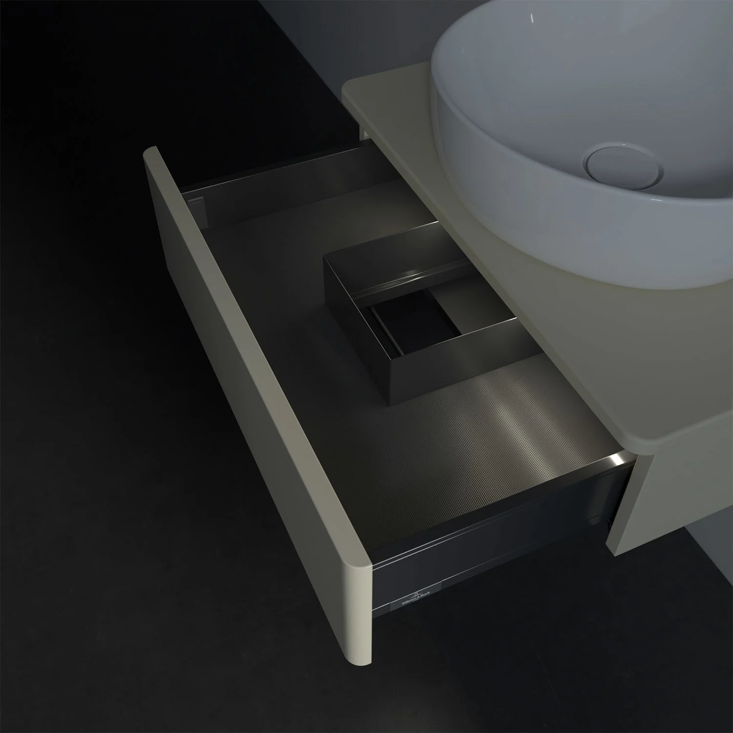 Zbliżenie otwartej szuflady w łazience, Villeroy & Boch