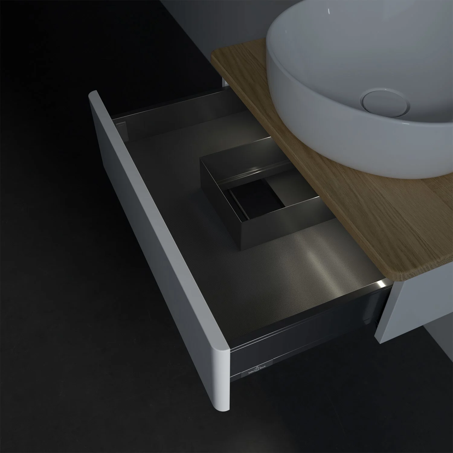 Zbliżenie otwartej szuflady w łazience, Villeroy & Boch