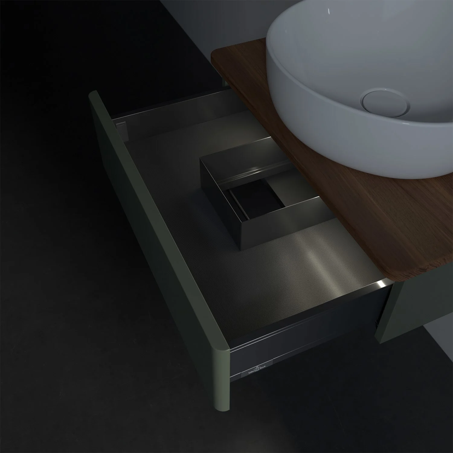 Zbliżenie otwartej zielonej szuflady w łazience, Villeroy & Boch