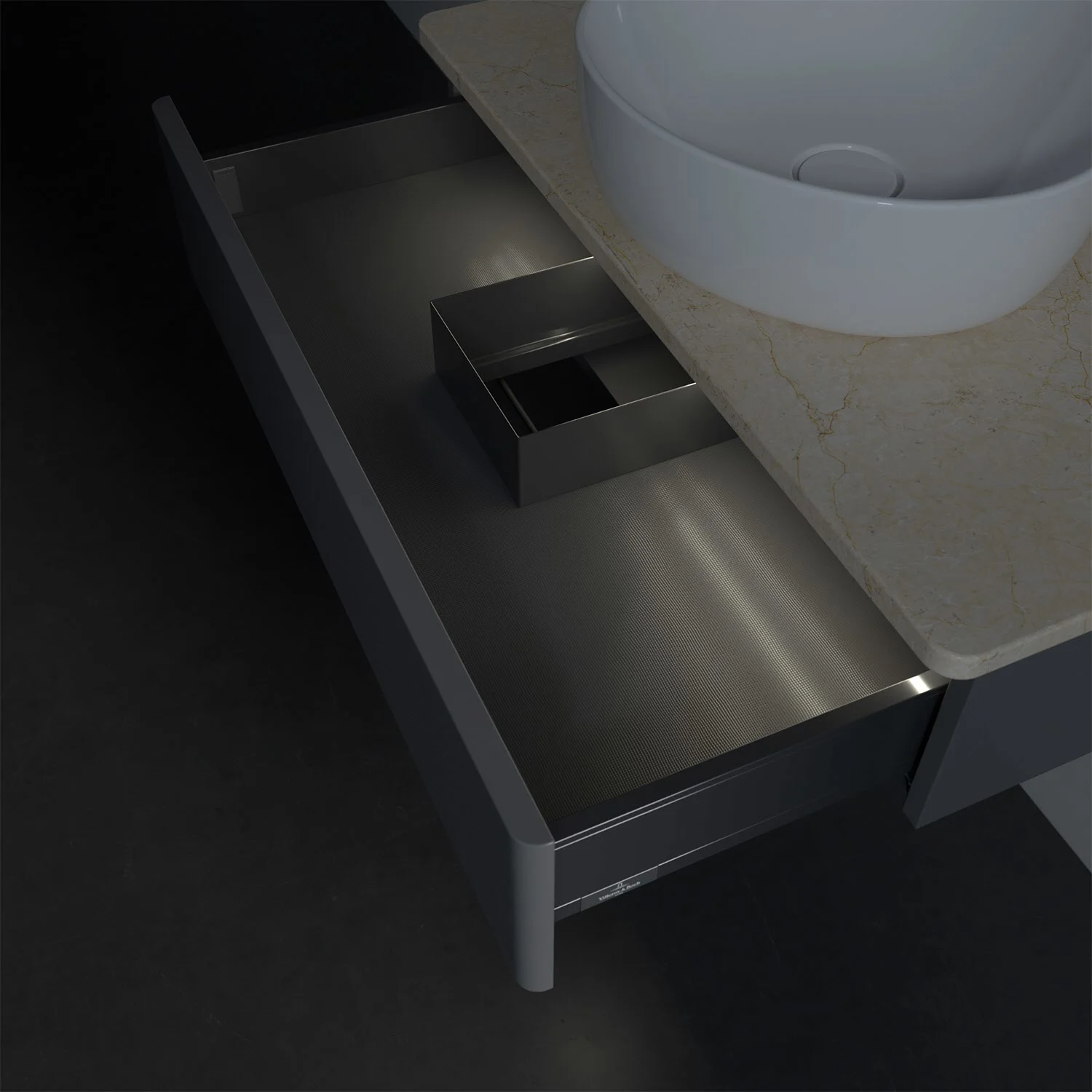 Zbliżenie otwartej szuflady w łazience, Villeroy & Boch