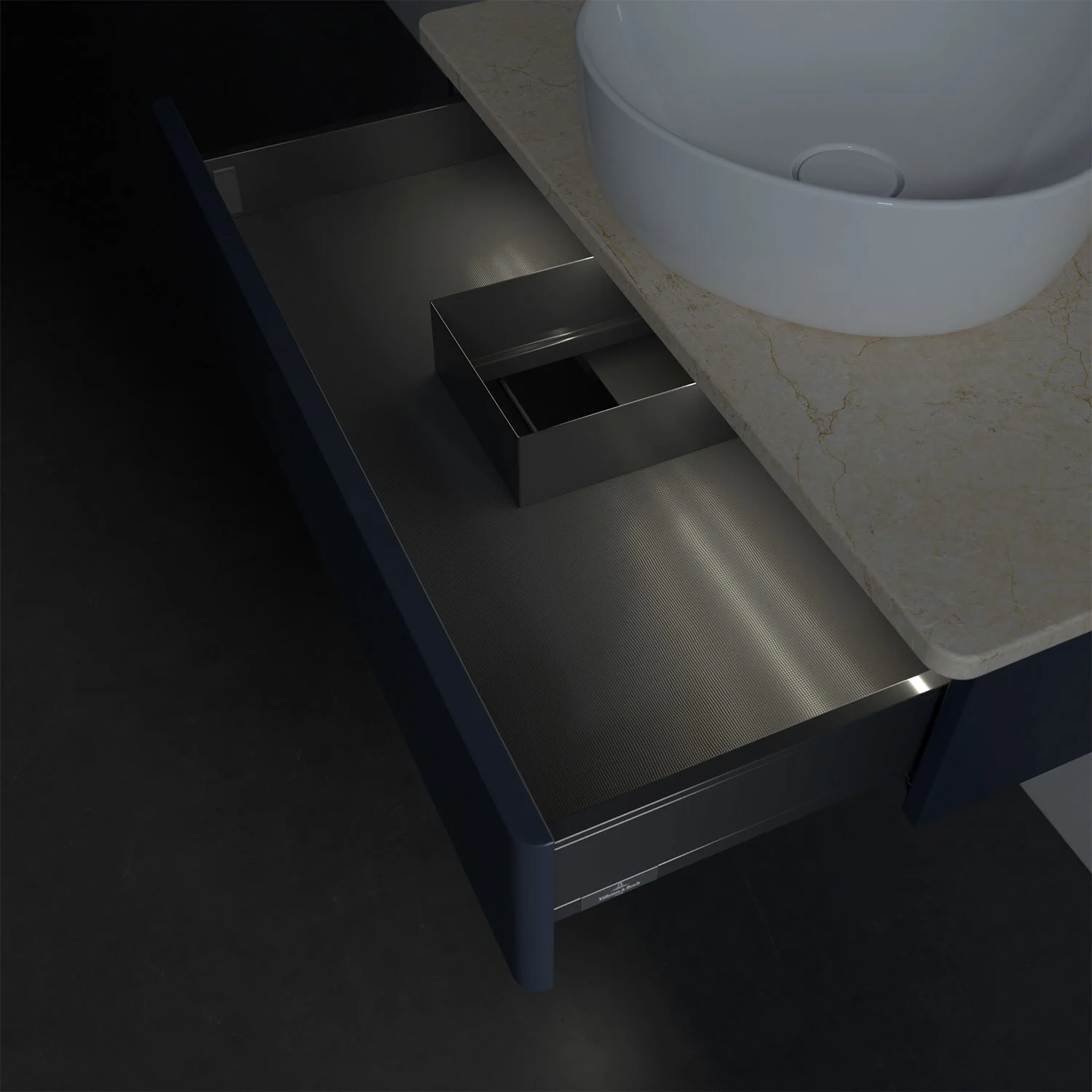 Zbliżenie otwartej szuflady w łazience, Villeroy & Boch