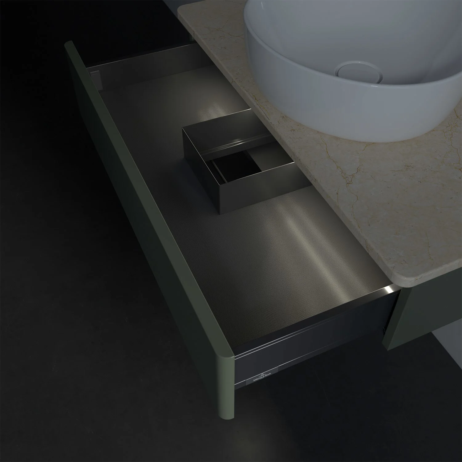 Zbliżenie otwartej szuflady w łazience, Villeroy & Boch