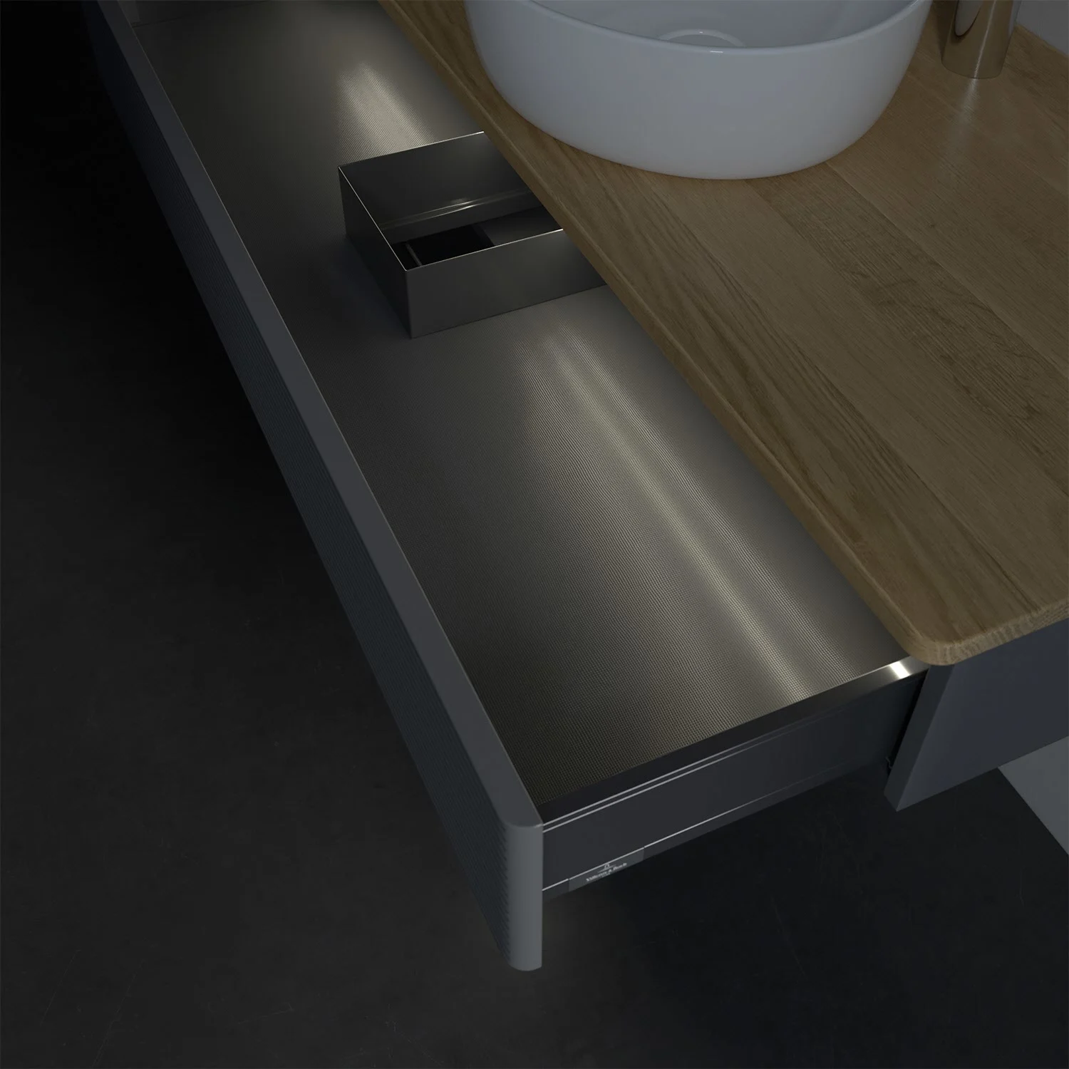 Zbliżenie otwartej szuflady w łazience, Villeroy & Boch