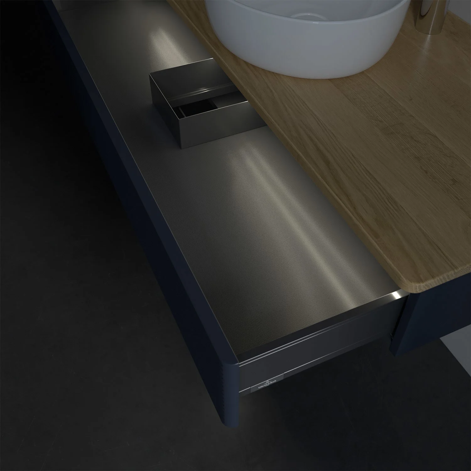 Zbliżenie otwartej szuflady w łazience, Villeroy & Boch