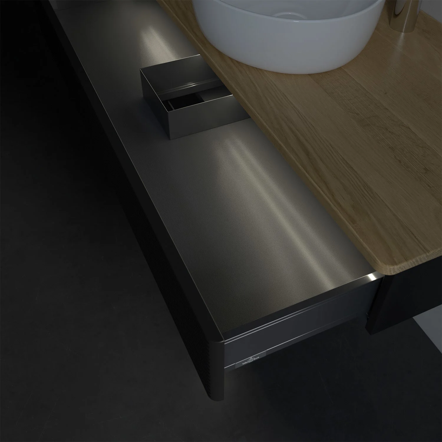 Zbliżenie otwartej szuflady w łazience, Villeroy & Boch
