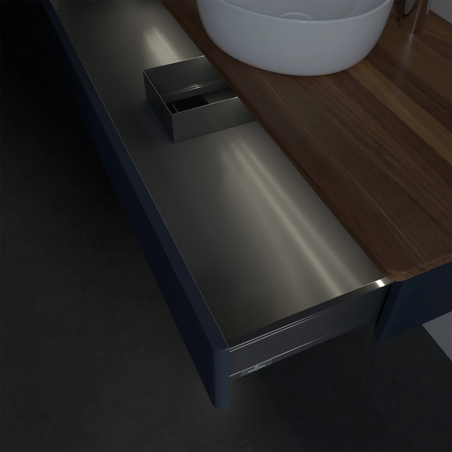 Zbliżenie otwartej szuflady w łazience, Villeroy & Boch