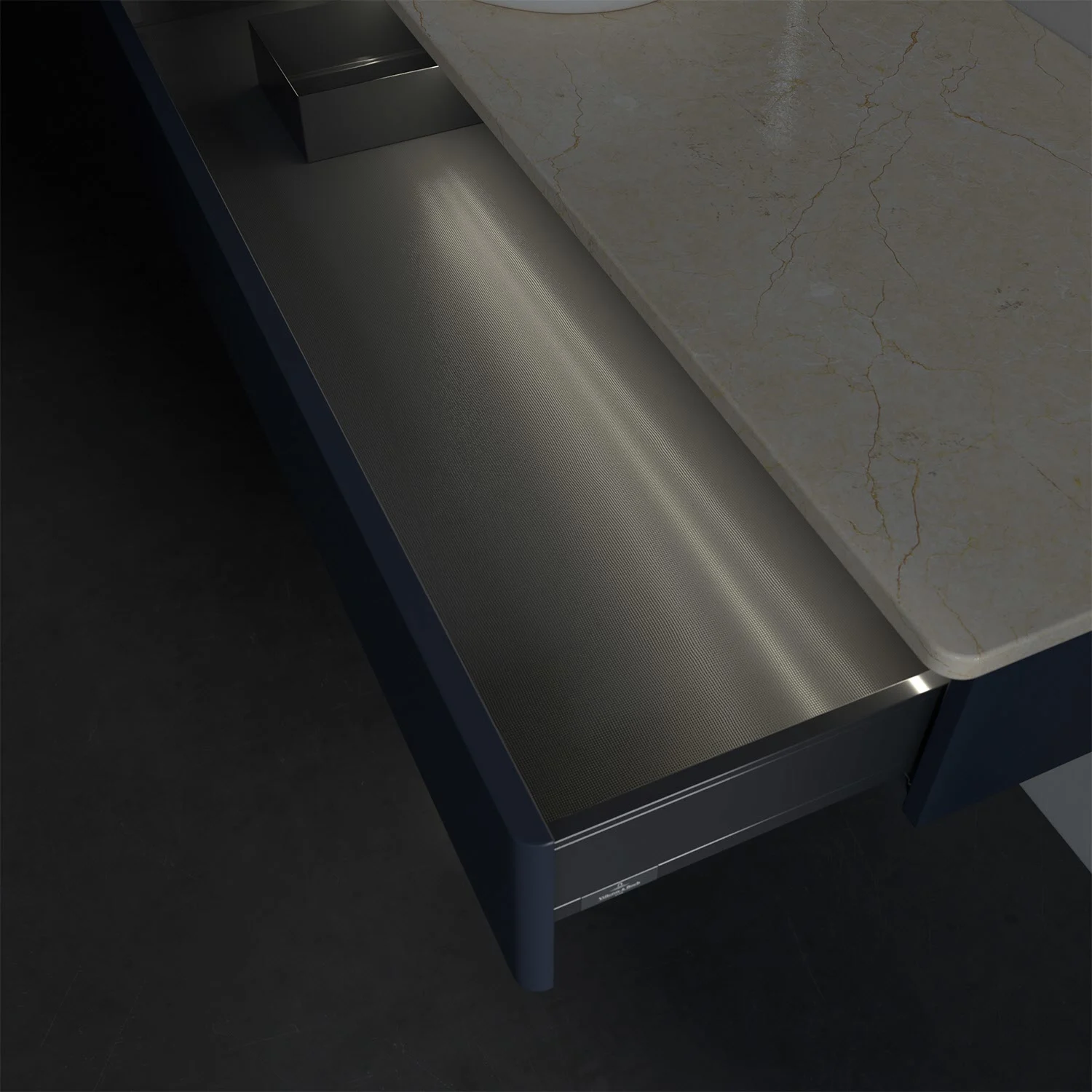 Zbliżenie otwartej szuflady w łazience, Villeroy & Boch