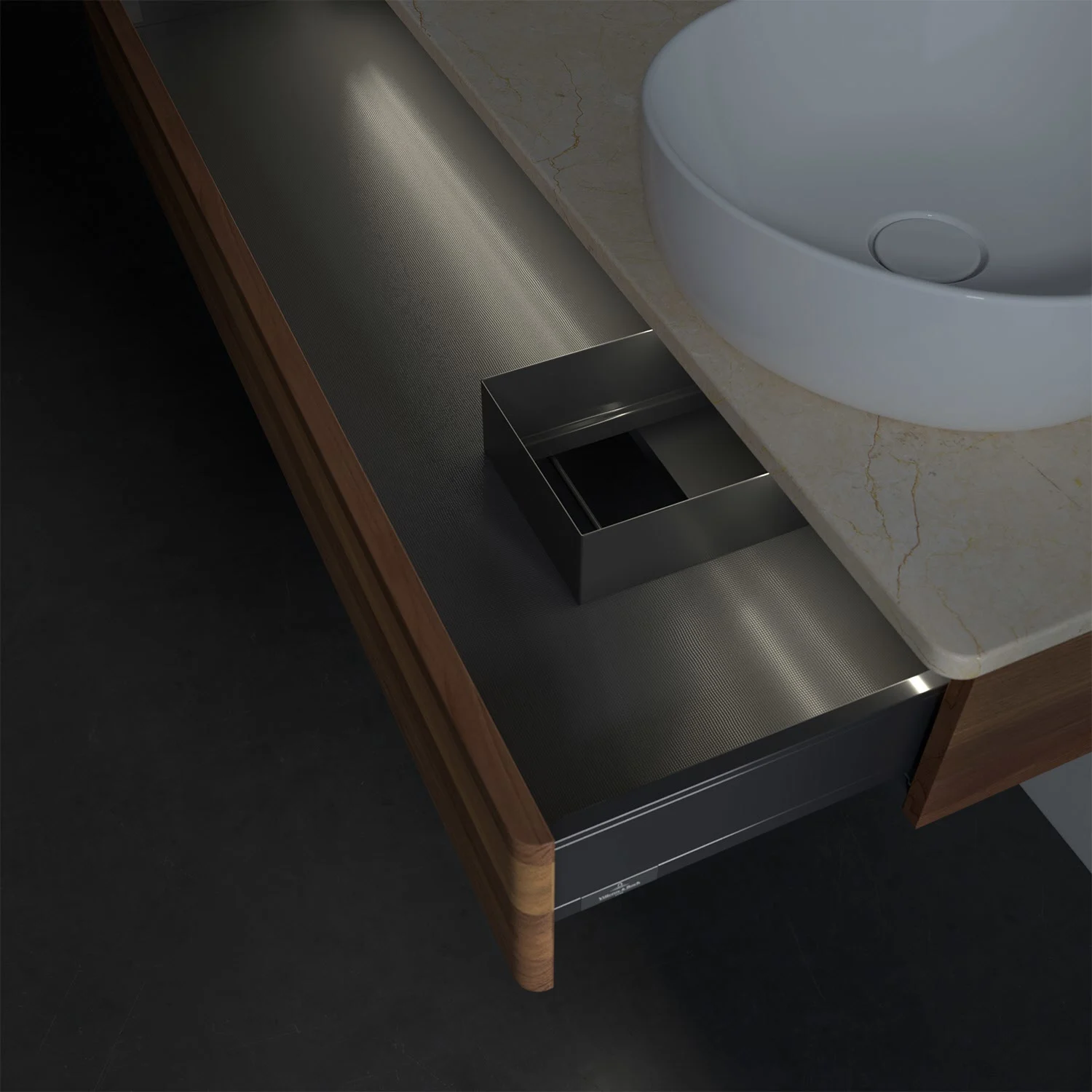 Zbliżenie otwartej drewnianej szuflady w łazience, Villeroy & Boch
