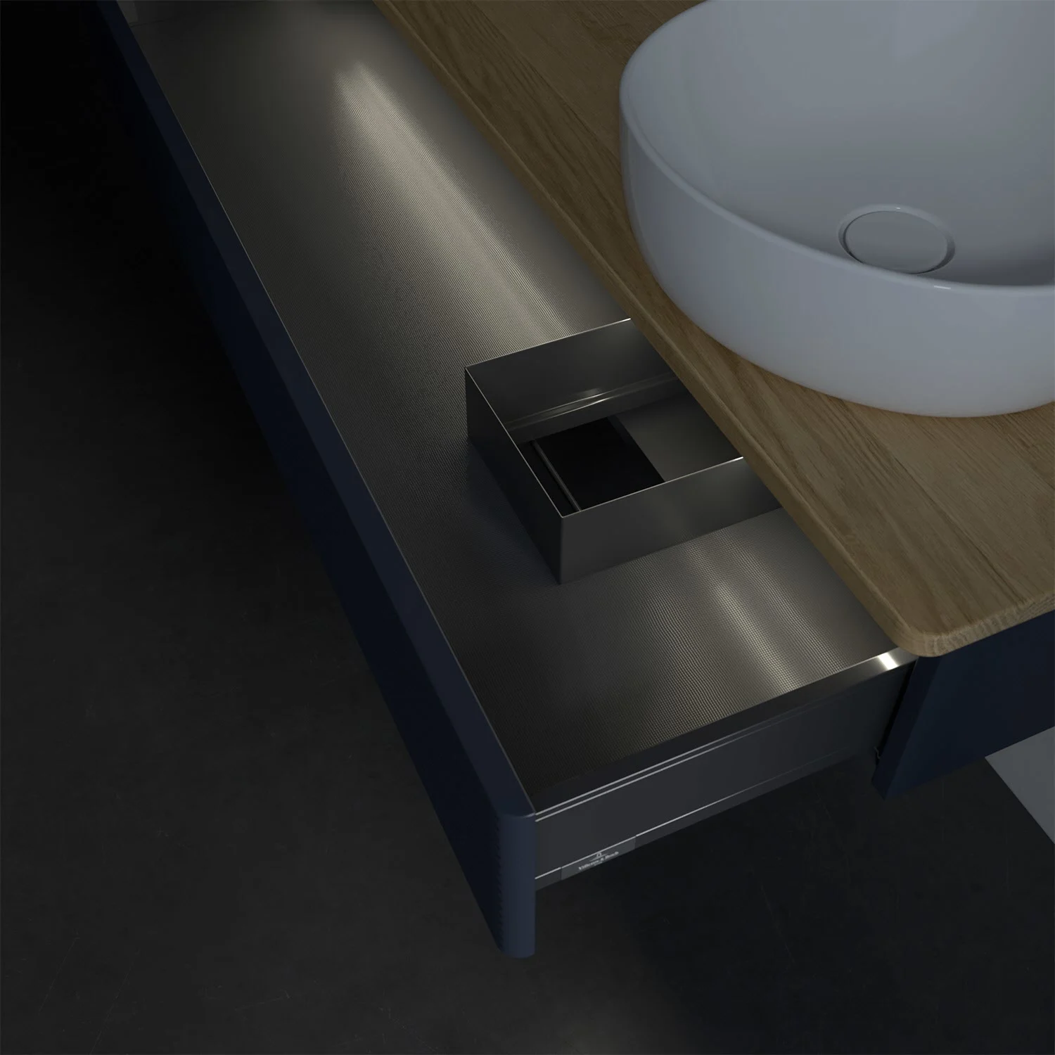 Zbliżenie otwartej szuflady w łazience, Villeroy & Boch
