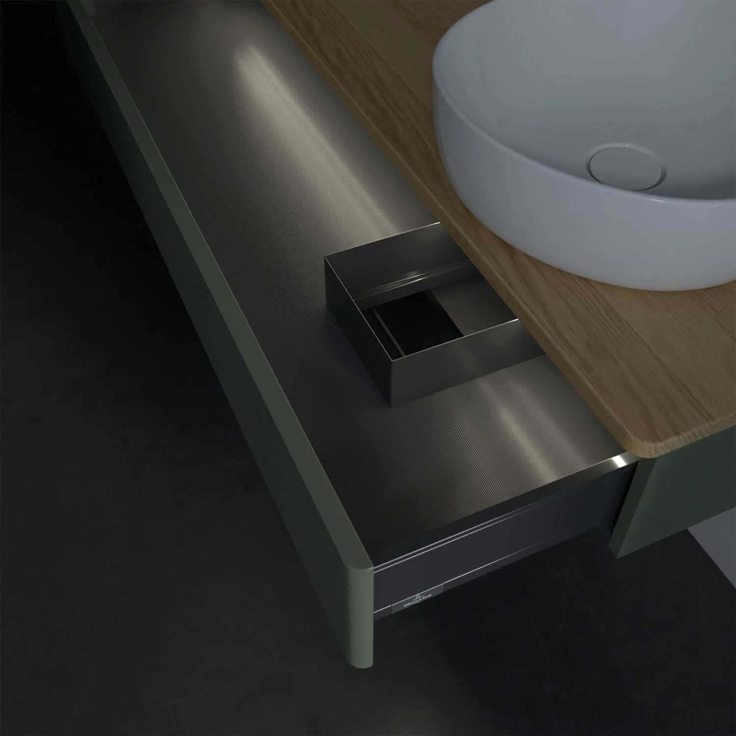 Zbliżenie otwartej szuflady w łazience, Villeroy & Boch