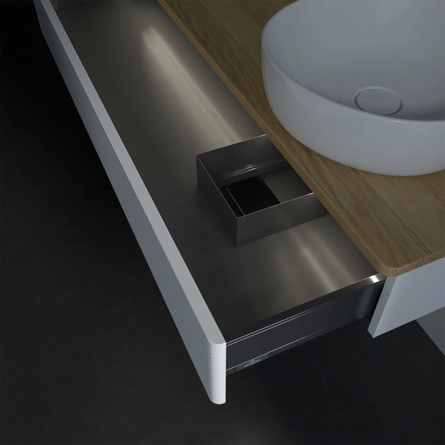 Zbliżenie otwartej szuflady w łazience, Villeroy & Boch