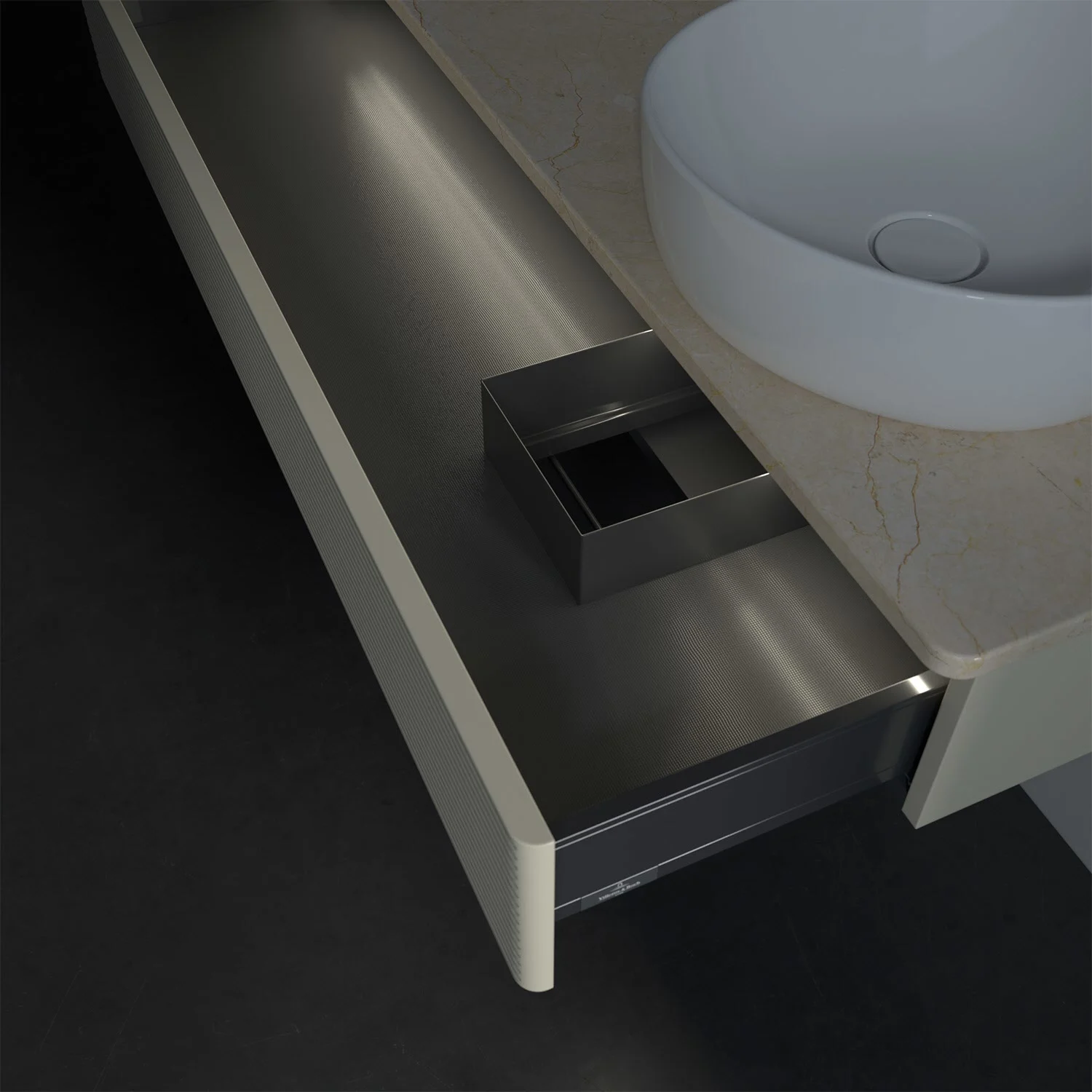 Zbliżenie na umywalkę z jasną szufladą, Villeroy & Boch