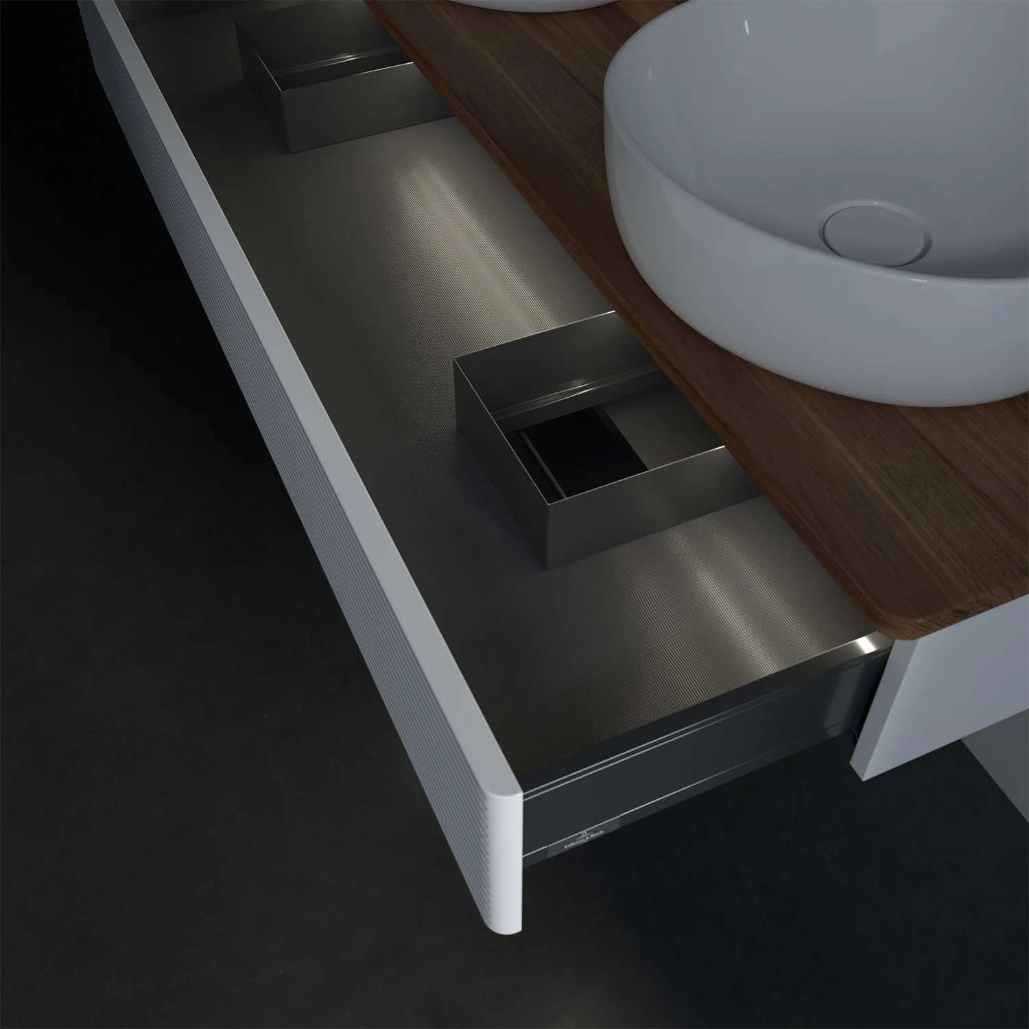 Zbliżenie otwartej szafki z szufladami w łazience, Villeroy & Boch