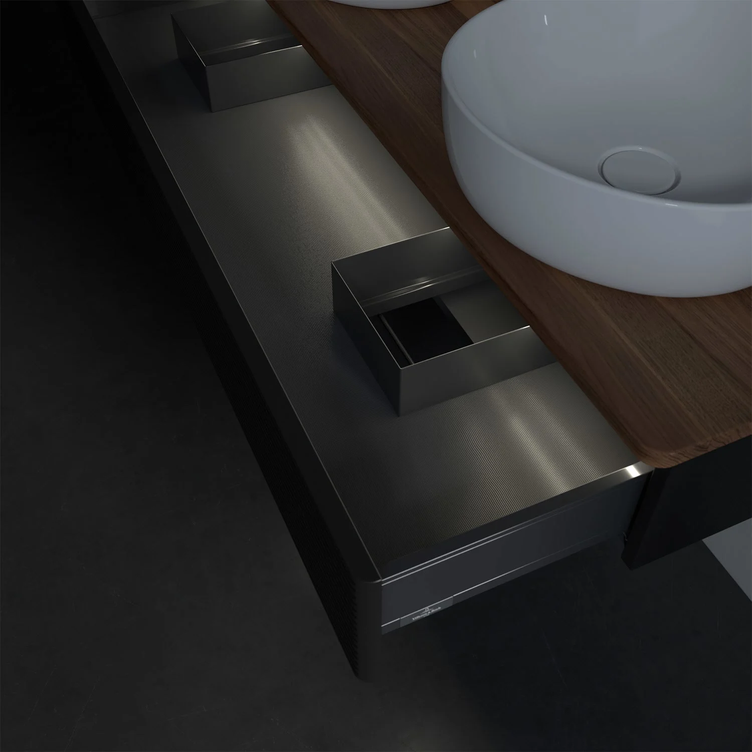 Zbliżenie otwartej szafki z szufladami w łazience, Villeroy & Boch