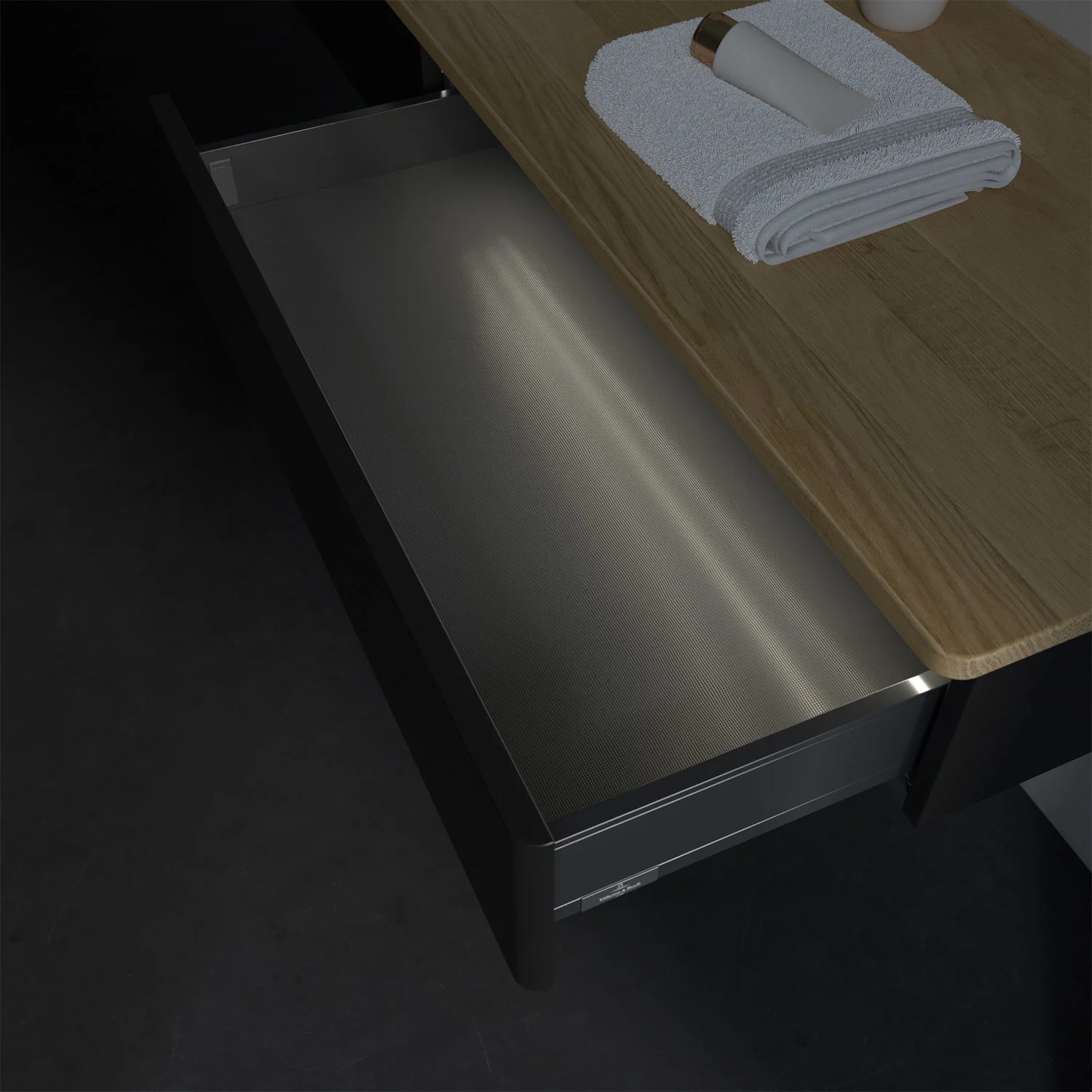 Zbliżenie otwartej szuflady w łazience, Villeroy & Boch